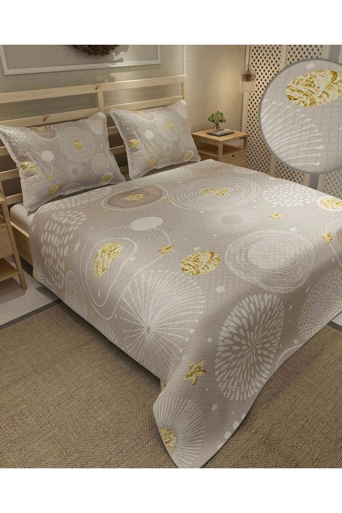 Pike Takımı Pamuklu Çift Kişilik Jakar Dokuma Yatak Örtüsü Soft Circles