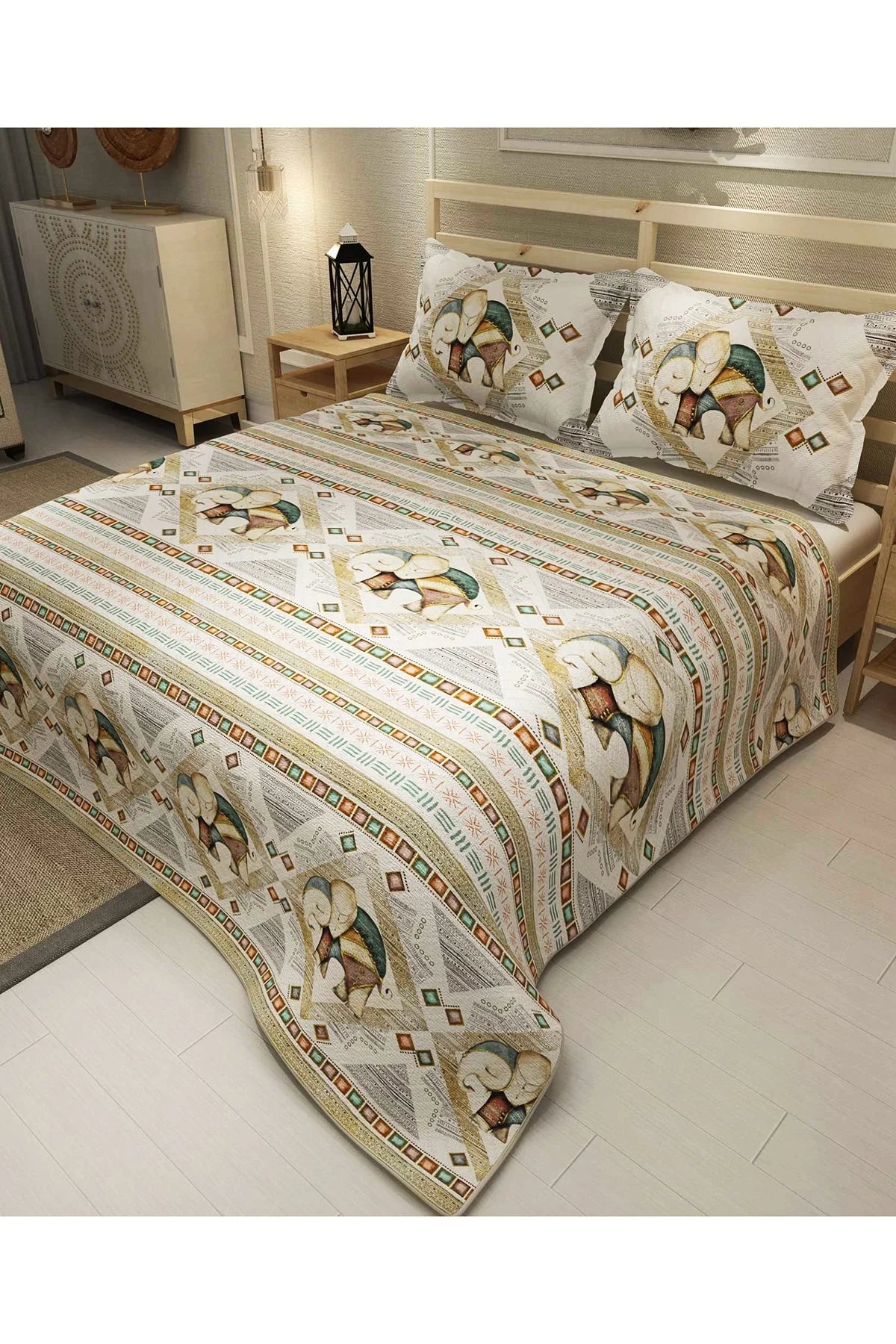 Pike Takımı Pamuklu Çift Kişilik Jakar Dokuma Yatak Örtüsü Vintage Elephant