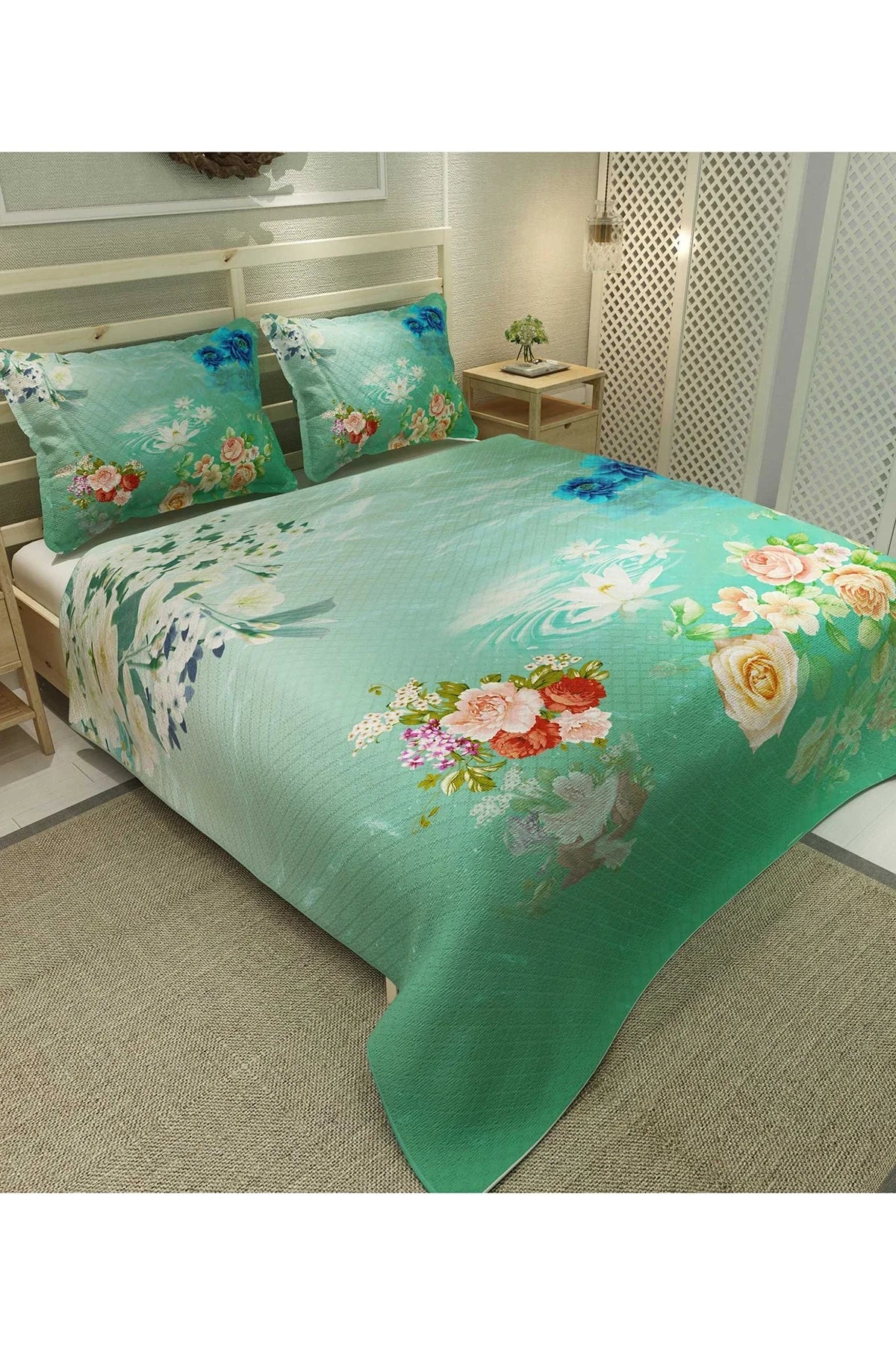 Pike Takımı Pamuklu Çift Kişilik Jakar Dokuma Yatak Örtüsü Water Flowers