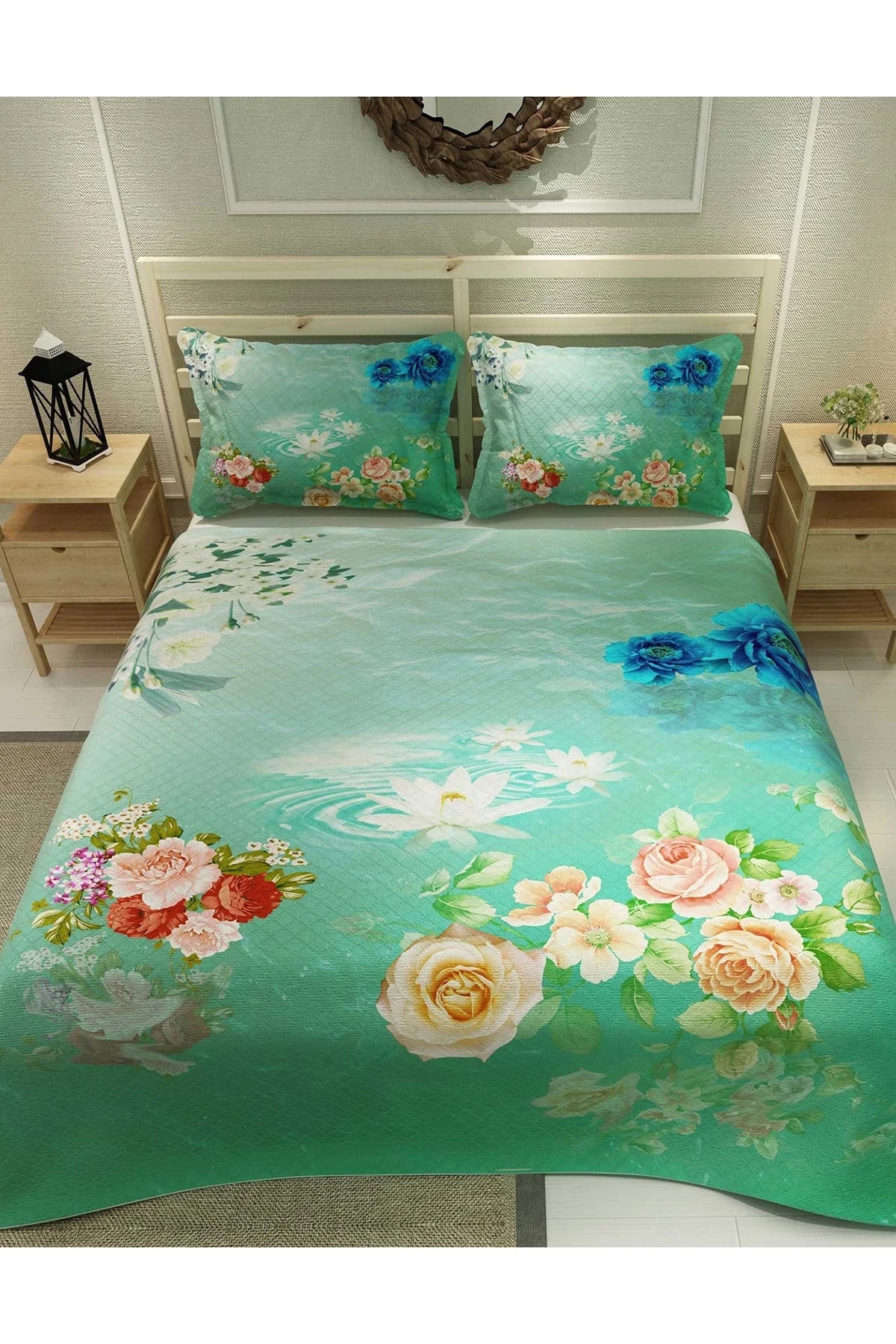 Pike Takımı Pamuklu Çift Kişilik Jakar Dokuma Yatak Örtüsü Water Flowers