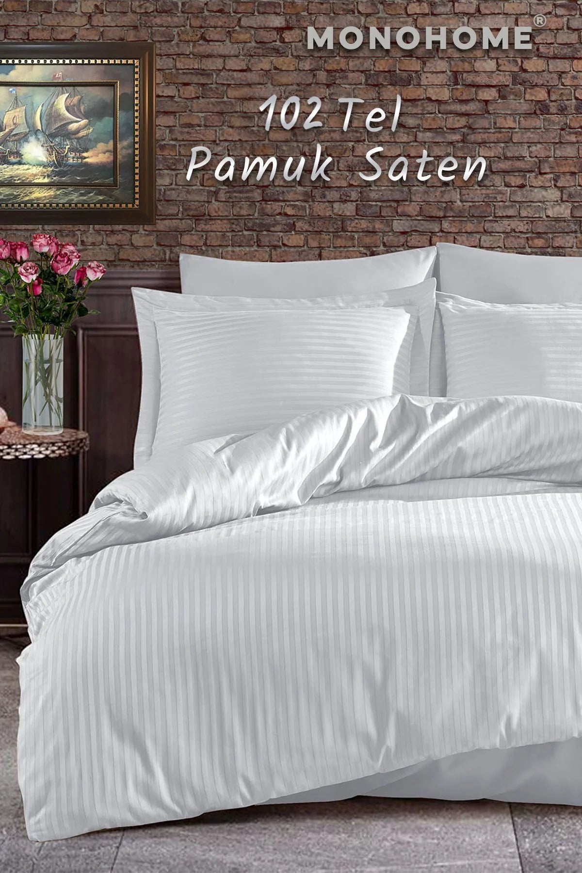 Premium Çeyizlik 82 Tel %100 Pamuk Saten Özel Dokuma Beyaz Çizgili Nevresim Takımı