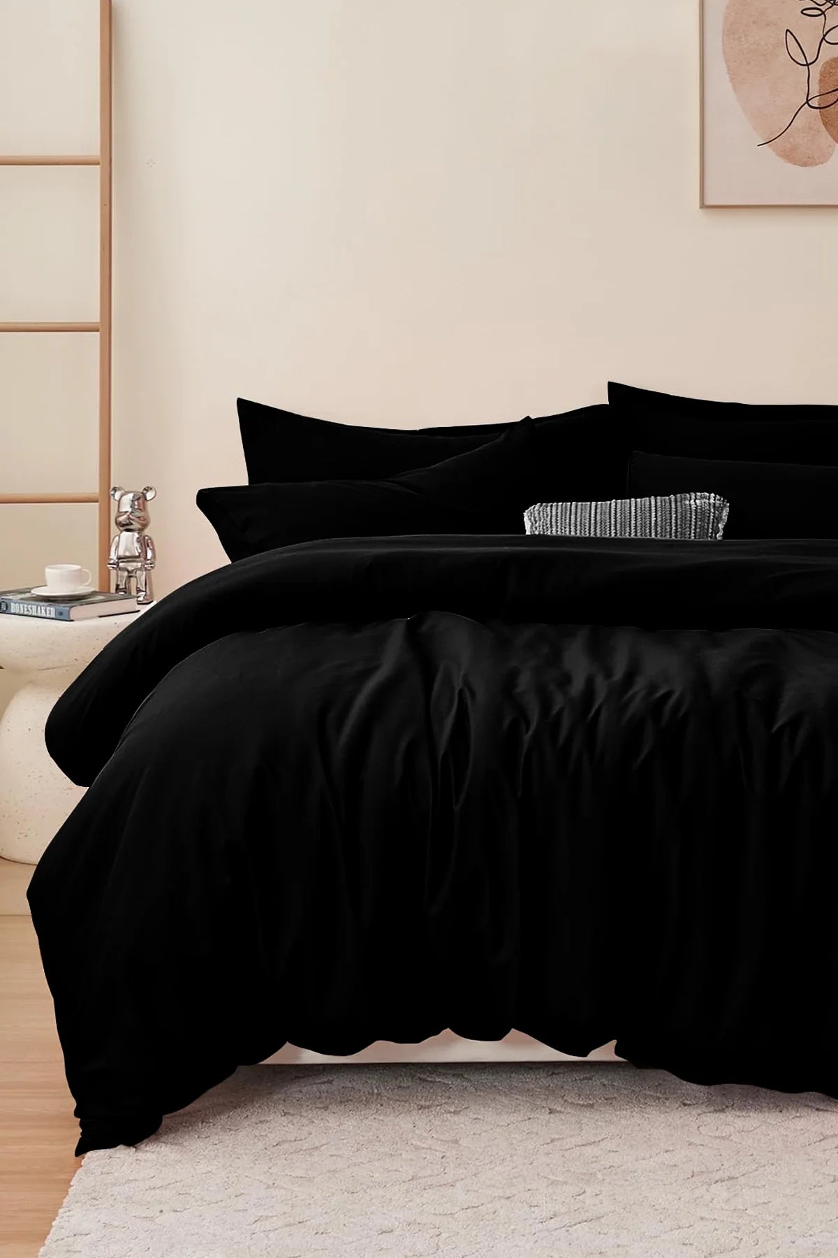 Premium Çeyizlik 82 Tel %100 Pamuk Saten Özel Dokuma Siyah Nevresim Takımı