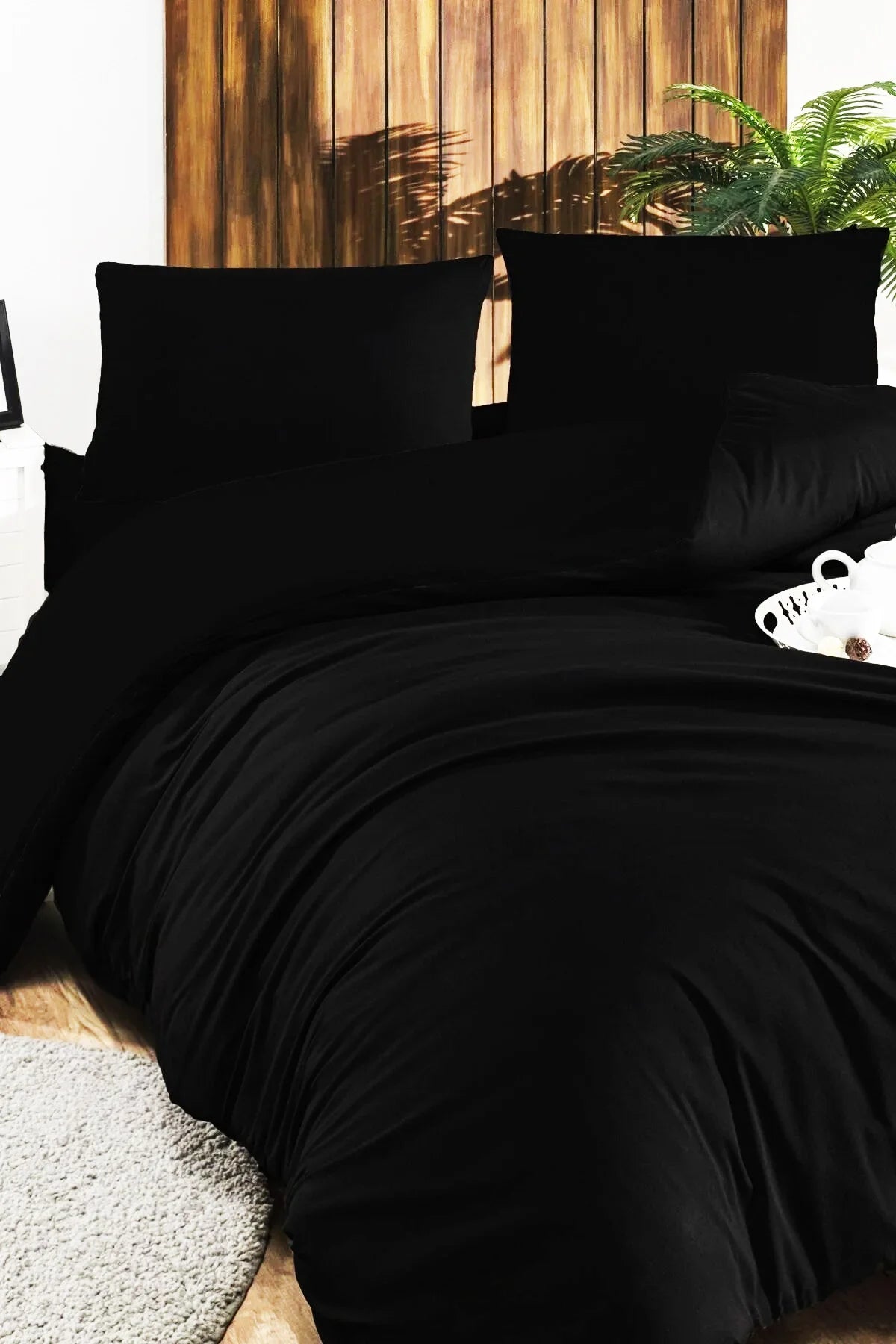 Premium Çeyizlik 82 Tel %100 Pamuk Saten Özel Dokuma Siyah Nevresim Takımı