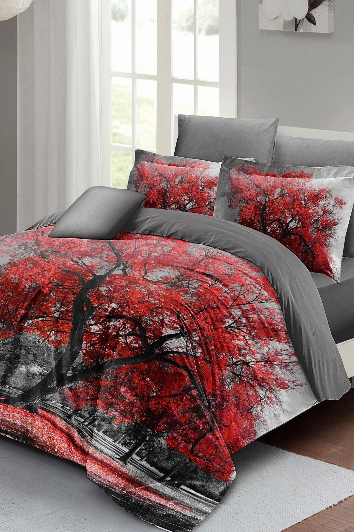 Red Tree Çift Kişilik Nevresim Takımı 3D Pamuk Saten