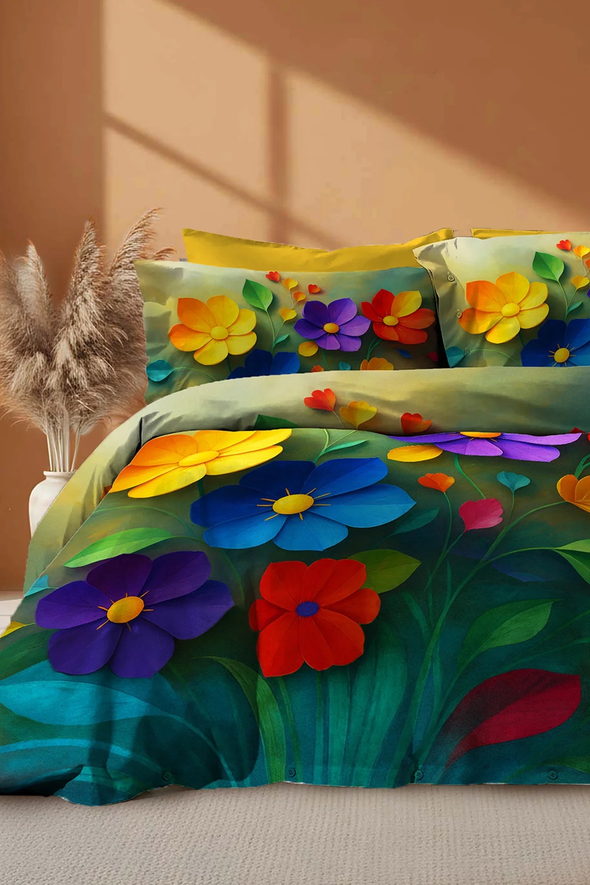 Renkli Çiçek Desenli 5D Dijital Pamuk Saten Nevresim Takımı – Çift Kişilik
