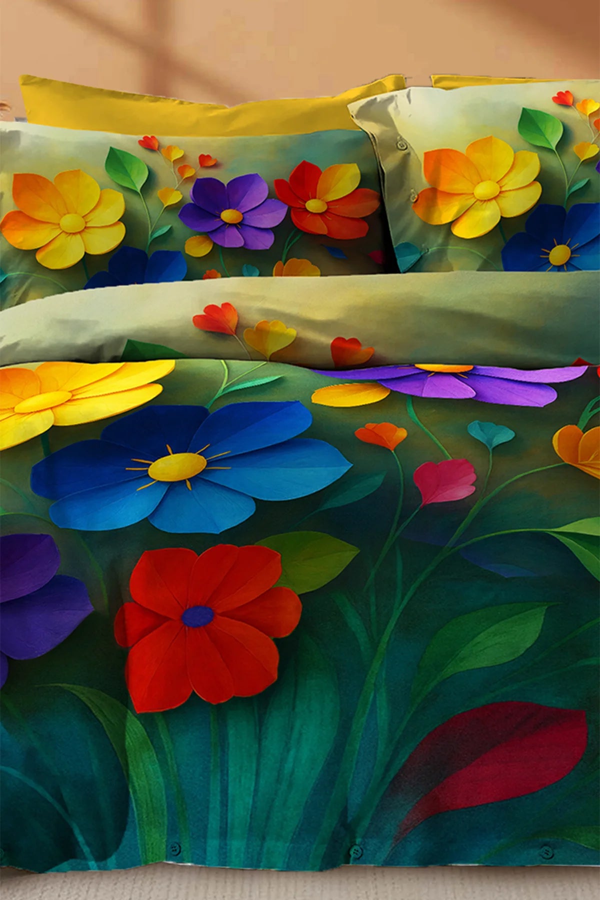 Renkli Çiçek Desenli 5D Dijital Pamuk Saten Nevresim Takımı – Çift Kişilik