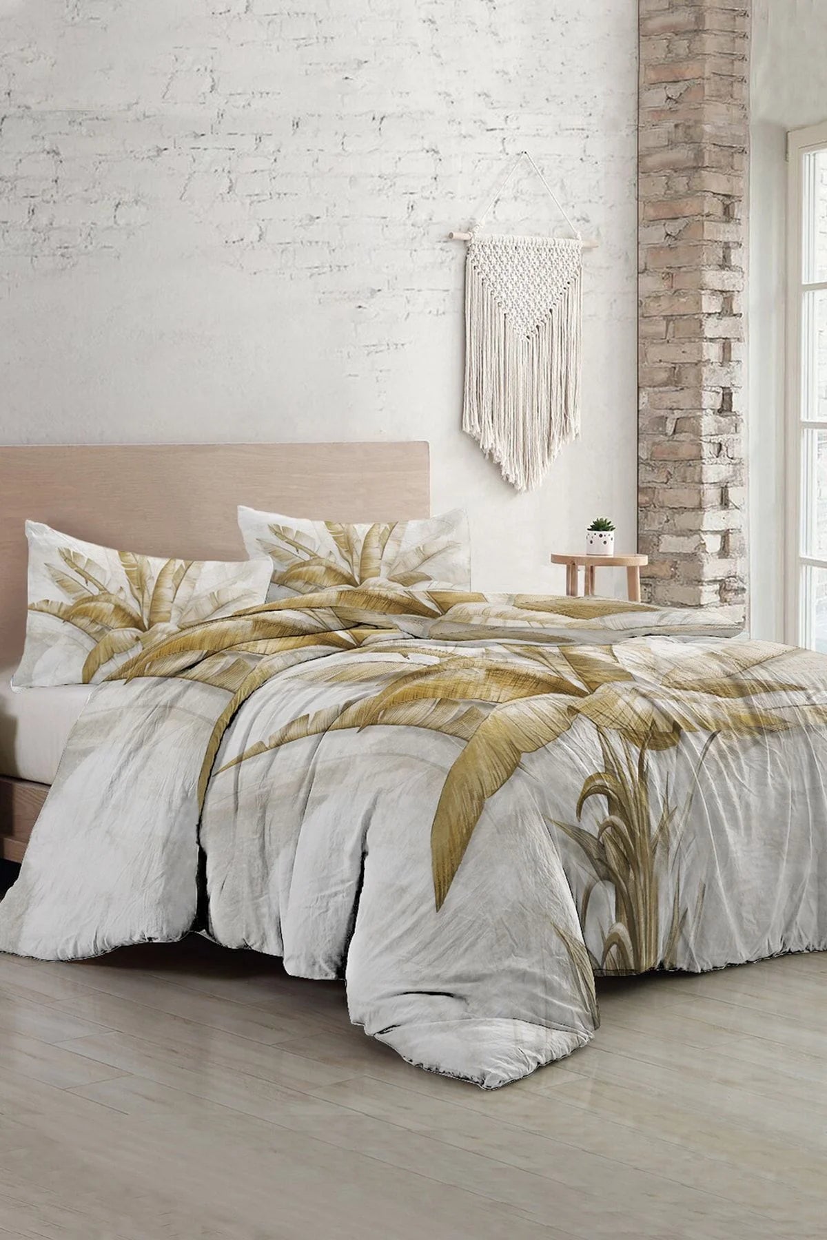 Retro Palm Luxury Çift Kişilik Pamuk Saten Nevresim Takımı