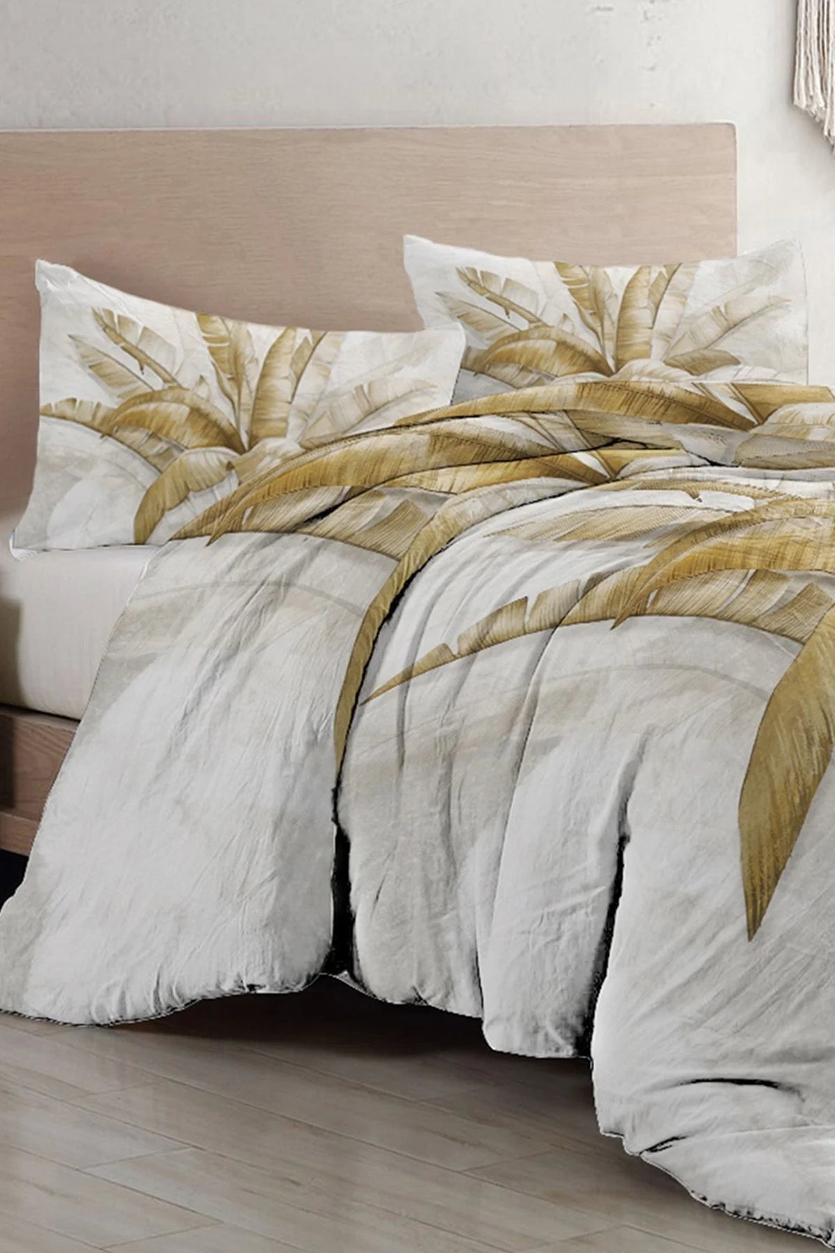Retro Palm Luxury Çift Kişilik Pamuk Saten Nevresim Takımı