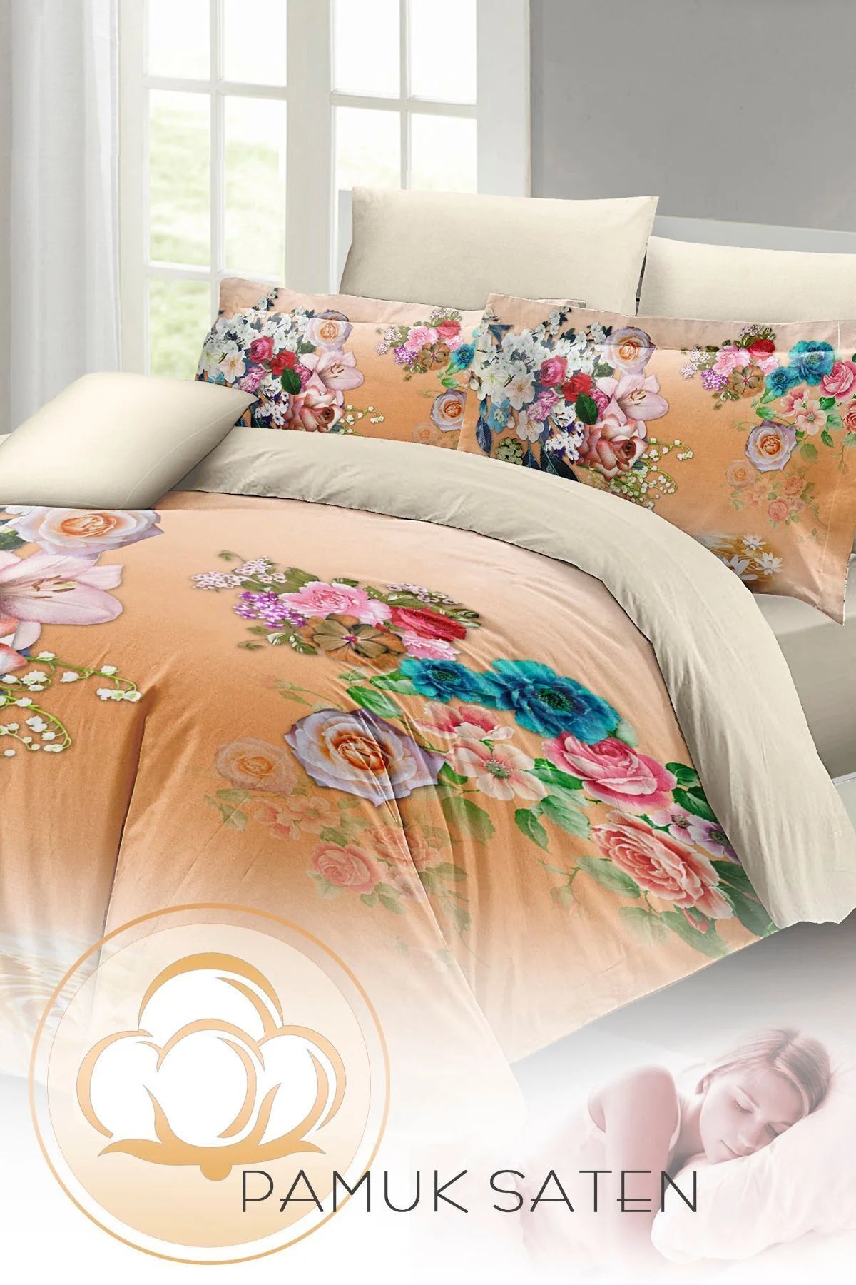 Şeftali Soft Çift Kişilik Nevresim Takımı 3D Pamuk Saten
