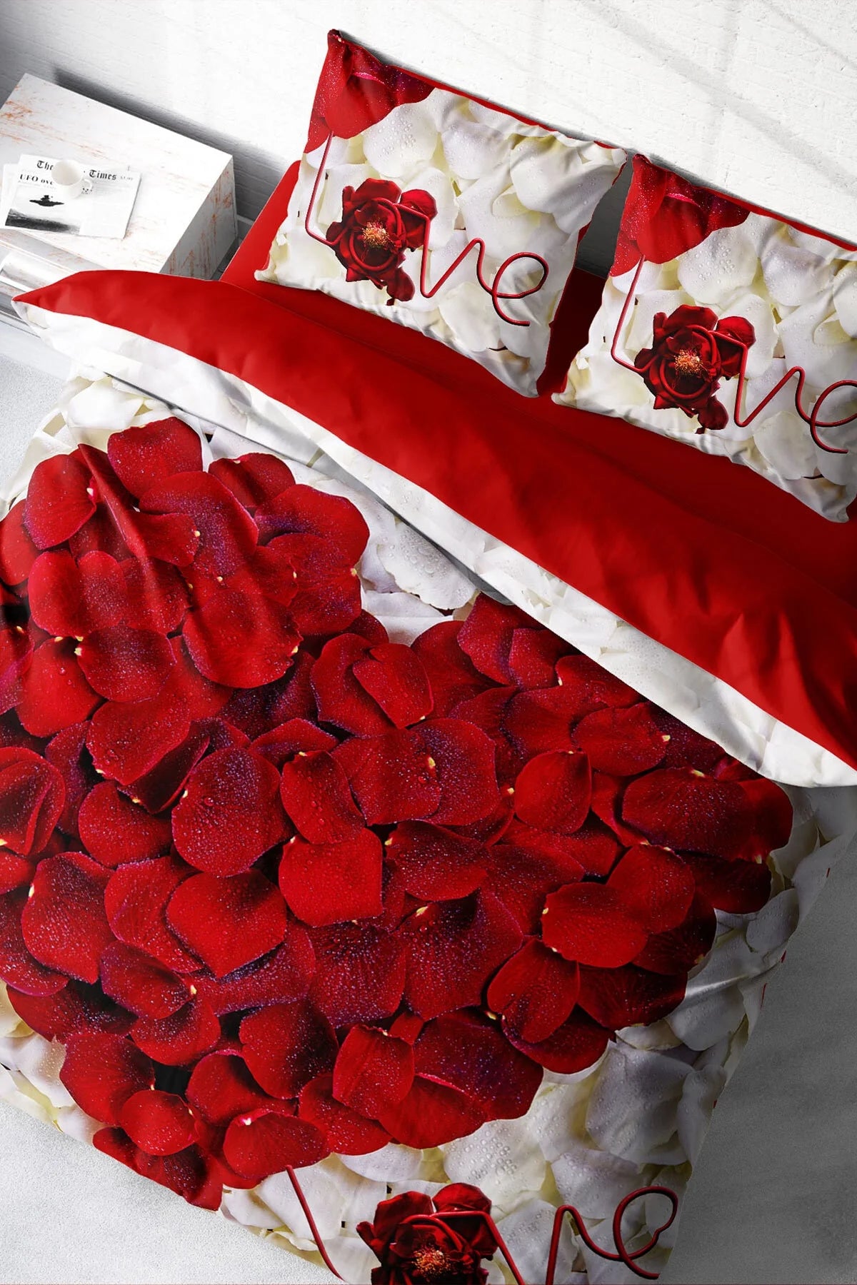 Sevgilier Günü Çift Kişilik Nevresim Takımı 3D Pamuk Saten Heart Rose