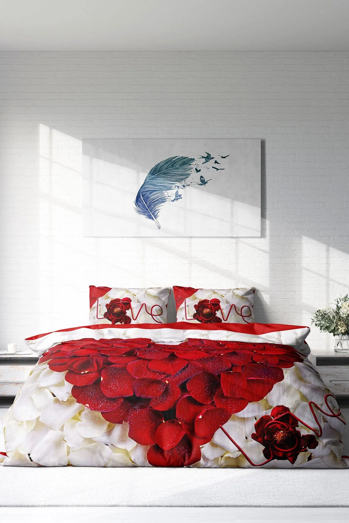 Sevgilier Günü Çift Kişilik Nevresim Takımı 3D Pamuk Saten Heart Rose