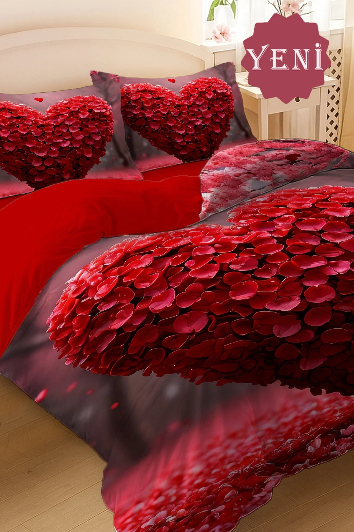 Sevgililer Günü Çeyizlik Lastikli Çarşaflı %100 Pamuk Saten Çift Kişilik Nevresim Takımı Aşk