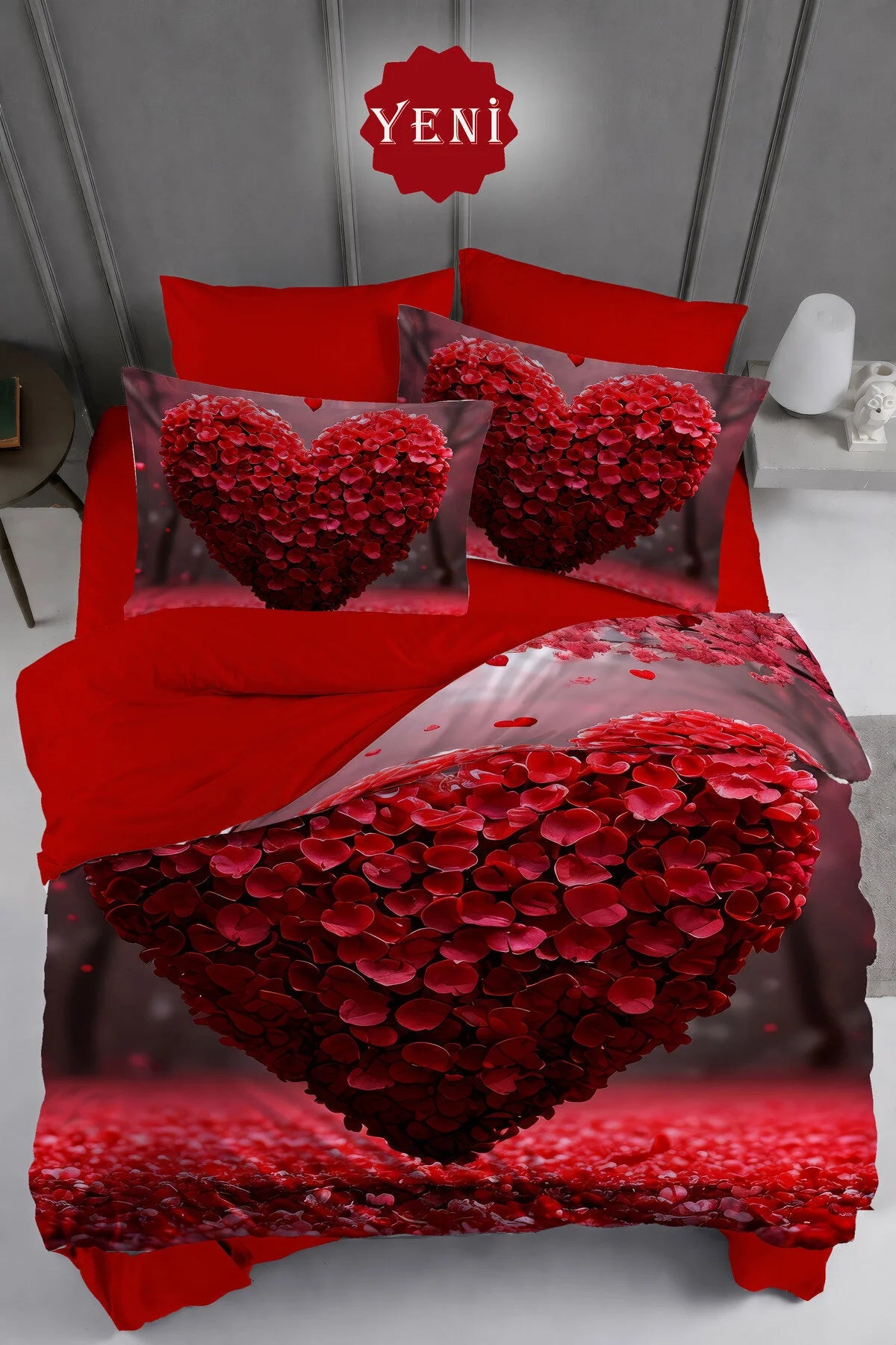 Sevgililer Günü Çeyizlik Lastikli Çarşaflı %100 Pamuk Saten Çift Kişilik Nevresim Takımı Aşk