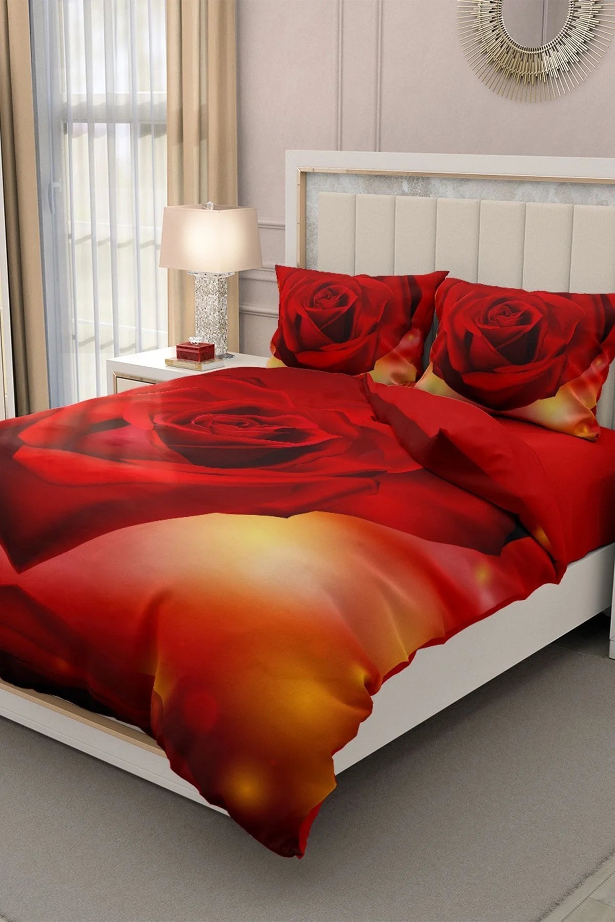 Sevgililer Günü Çift Kişilik Nevresim Takımı%100 Pamuk Saten 3D Gül Aşkına