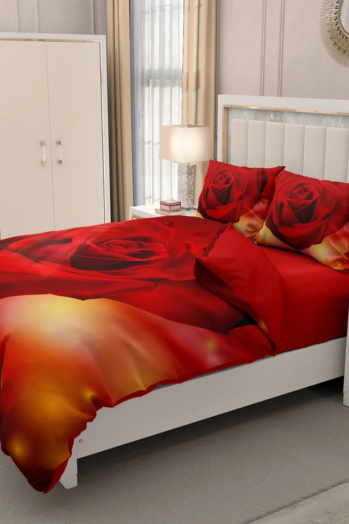 Sevgililer Günü Çift Kişilik Nevresim Takımı%100 Pamuk Saten 3D Gül Aşkına