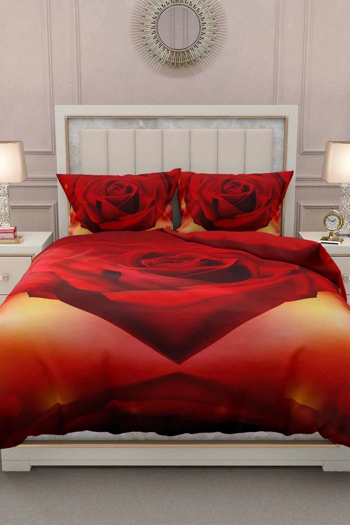 Sevgililer Günü Çift Kişilik Nevresim Takımı%100 Pamuk Saten 3D Gül Aşkına