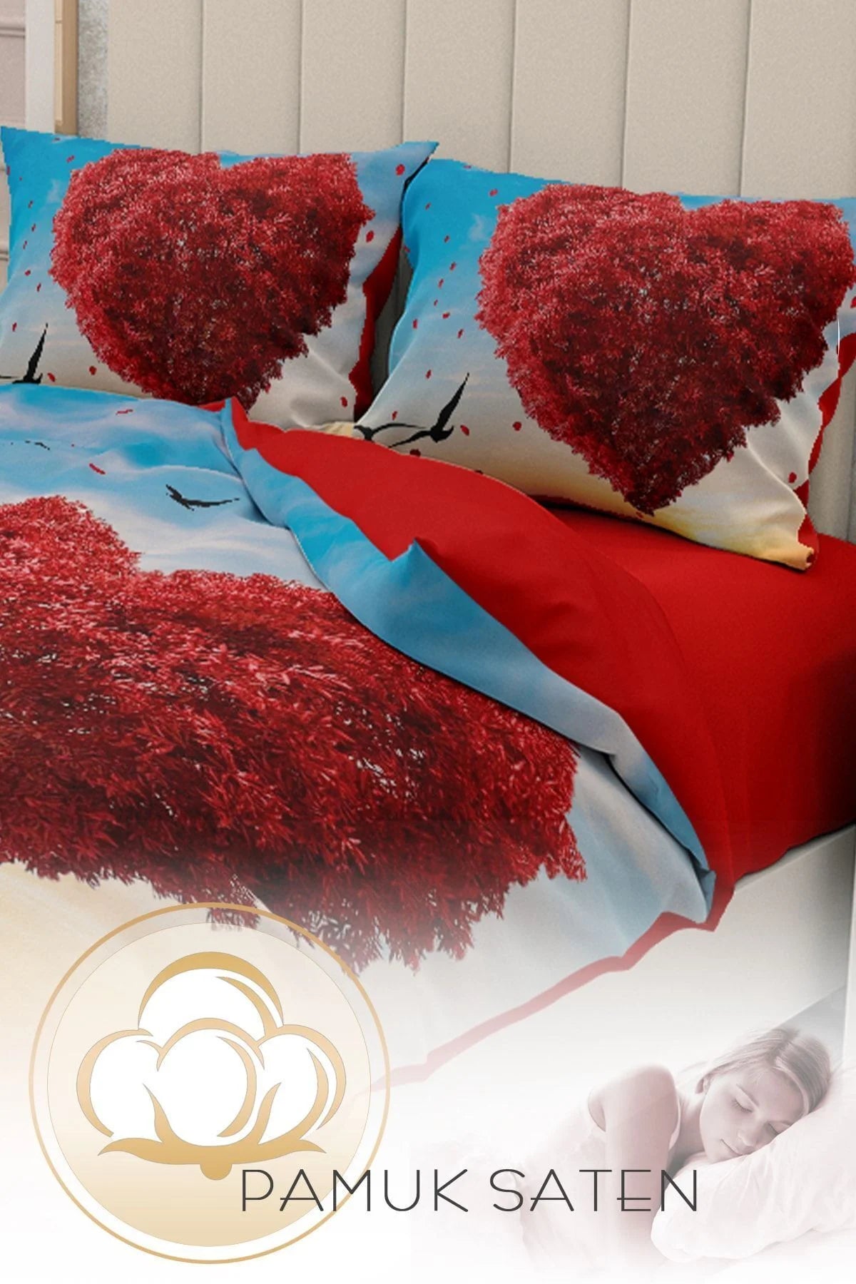 Sevgililer Günü Çift Kişilik Nevresim Takımı%100 Pamuk Saten Aşkın Rüyası