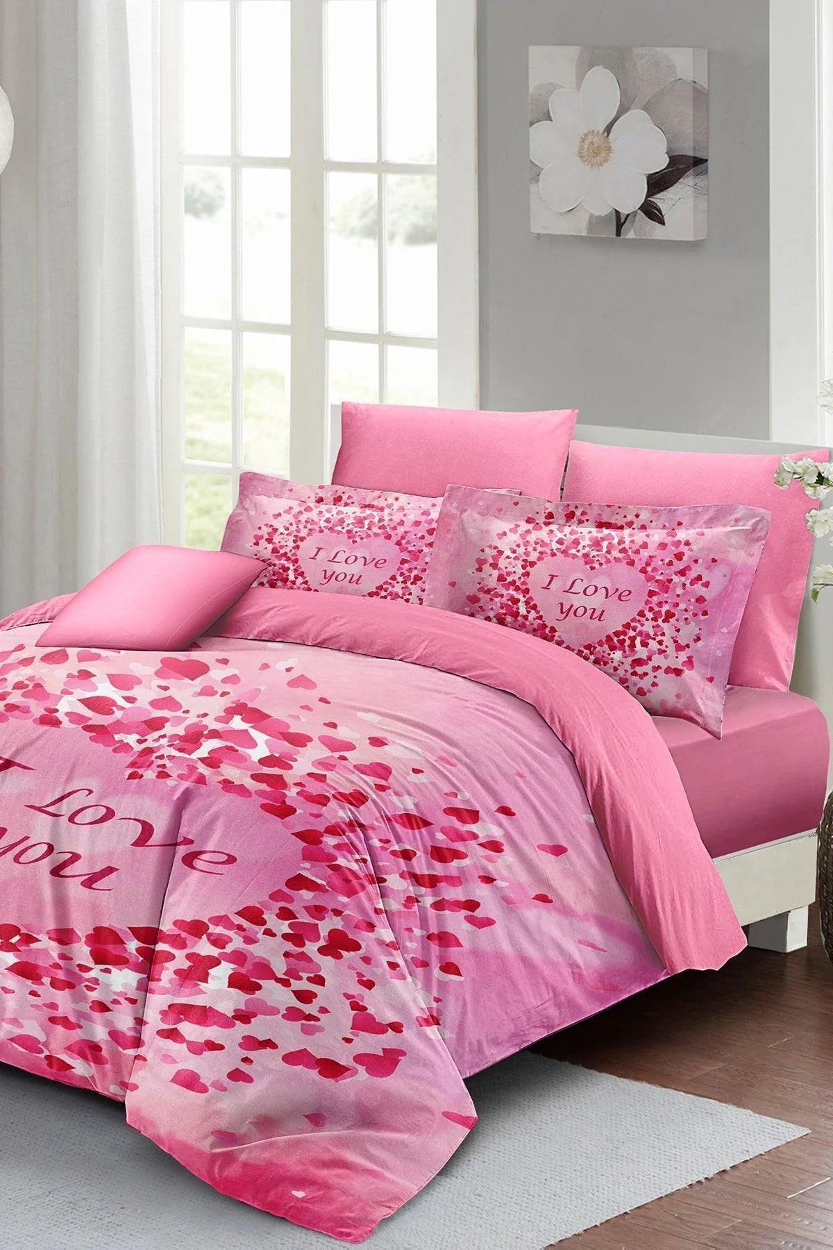Sevgililer Günü Çift Kişilik Nevresim Takımı%100 Pamuk Saten I Love You