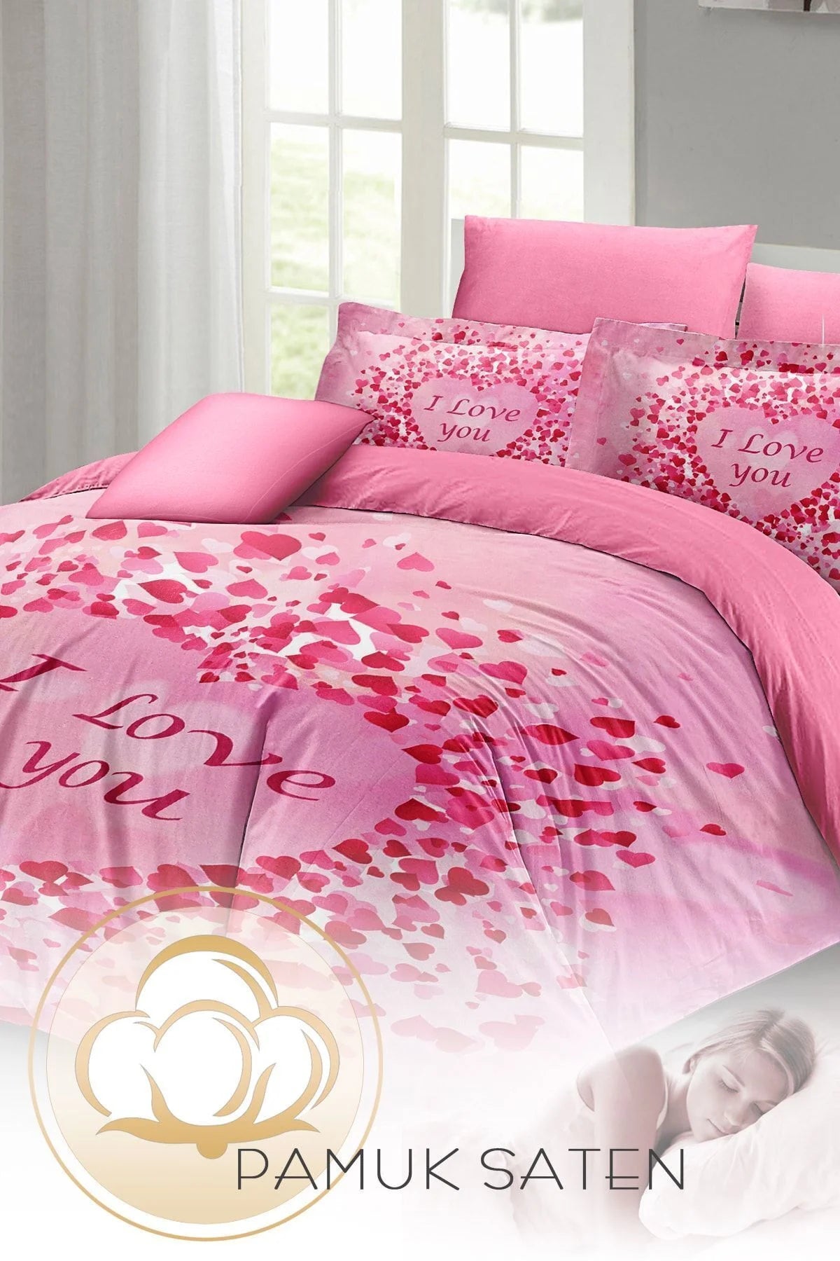 Sevgililer Günü Çift Kişilik Nevresim Takımı%100 Pamuk Saten I Love You