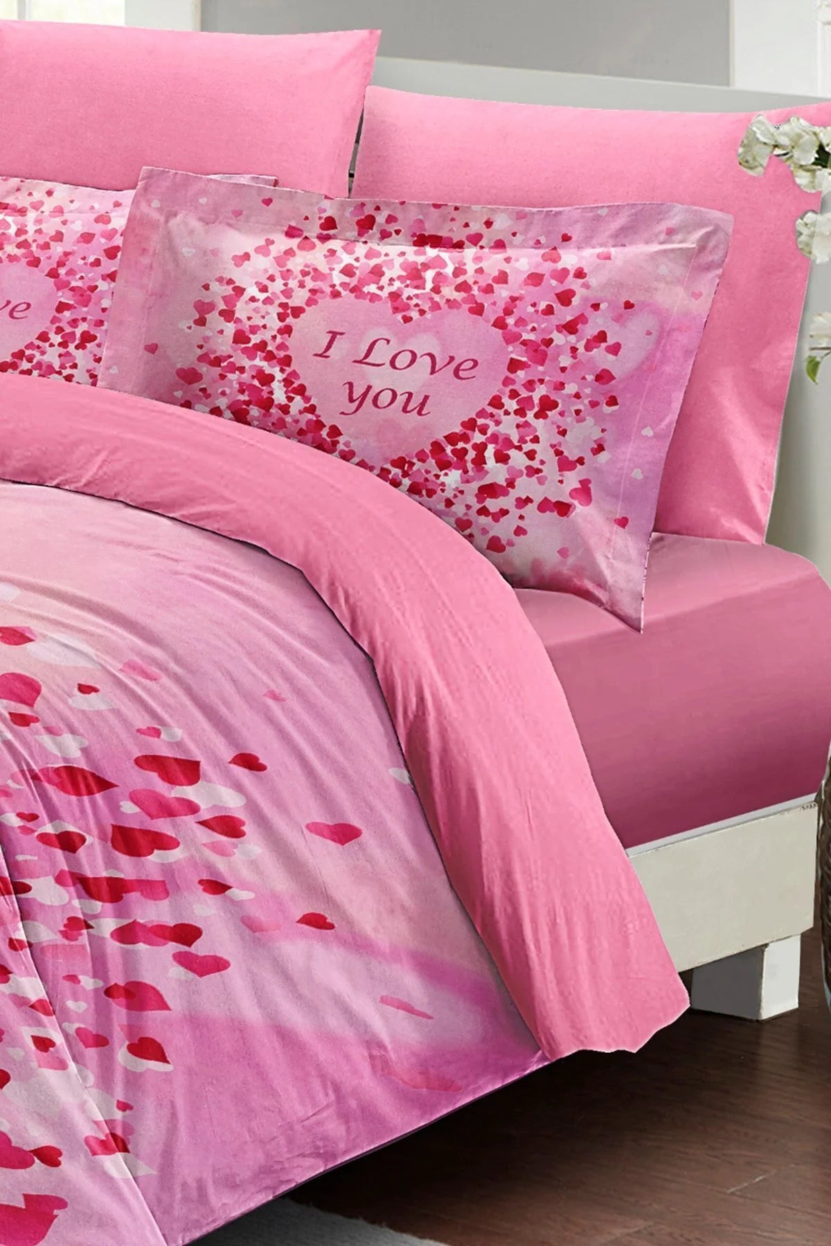 Sevgililer Günü Çift Kişilik Nevresim Takımı%100 Pamuk Saten I Love You