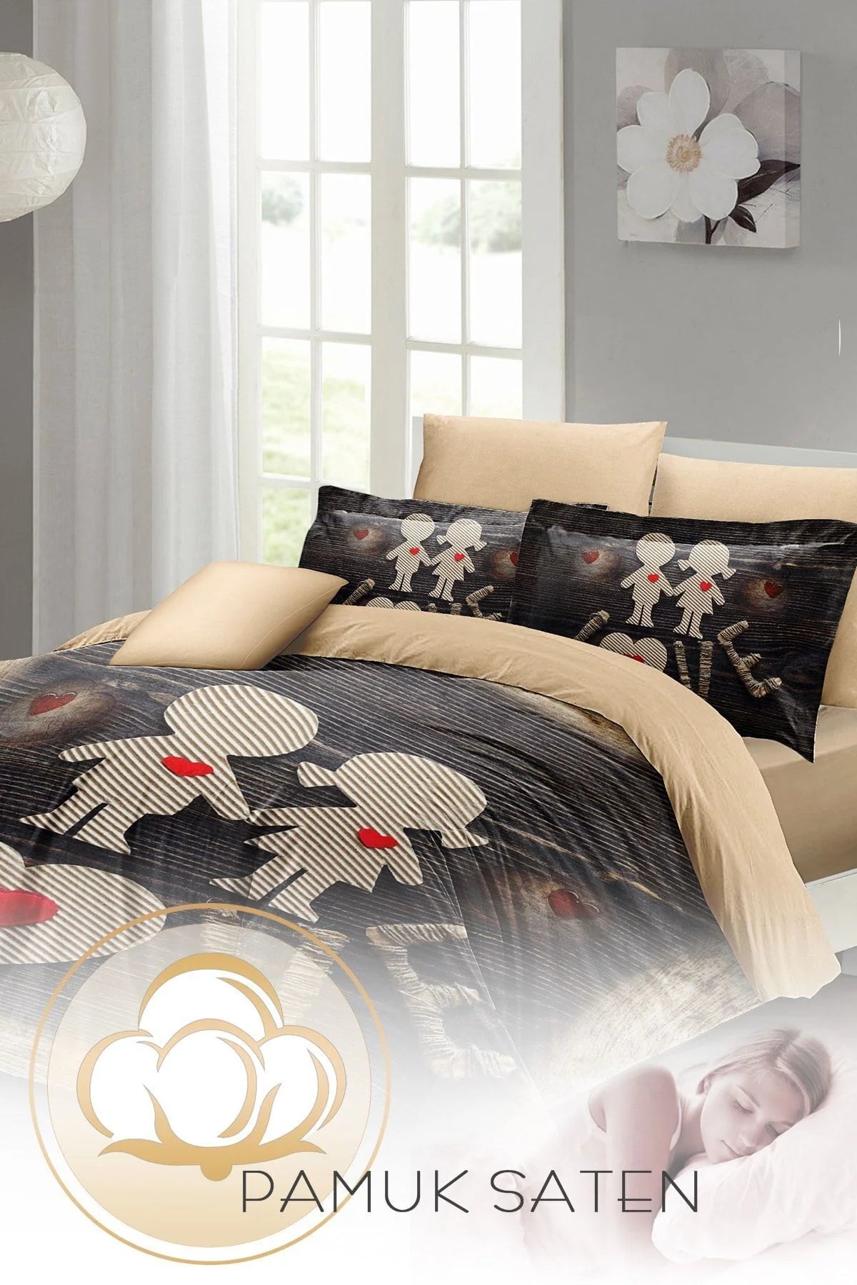 Sevgililer Günü Çift Kişilik Nevresim Takımı%100 Pamuk Saten Kalbim Sende
