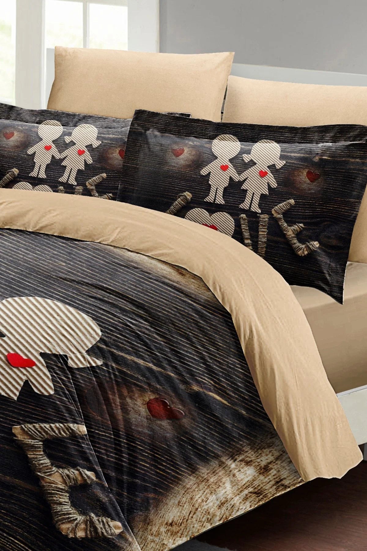 Sevgililer Günü Çift Kişilik Nevresim Takımı%100 Pamuk Saten Kalbim Sende