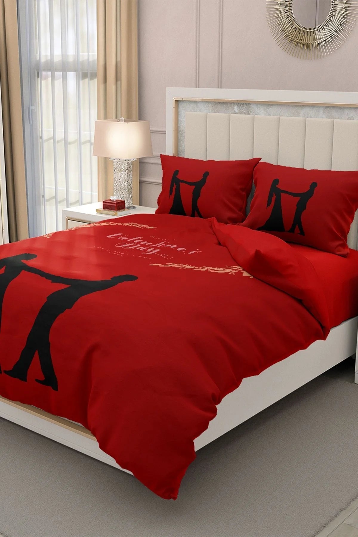 Sevgililer Günü Çift Kişilik Nevresim Takımı%100 Pamuk Saten Kırmızı Aşk