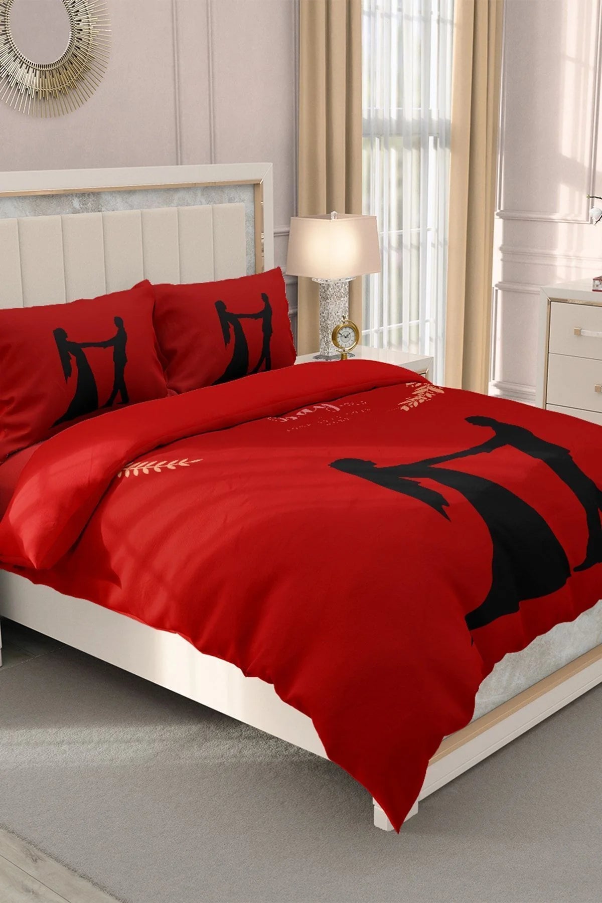 Sevgililer Günü Çift Kişilik Nevresim Takımı%100 Pamuk Saten Kırmızı Aşk