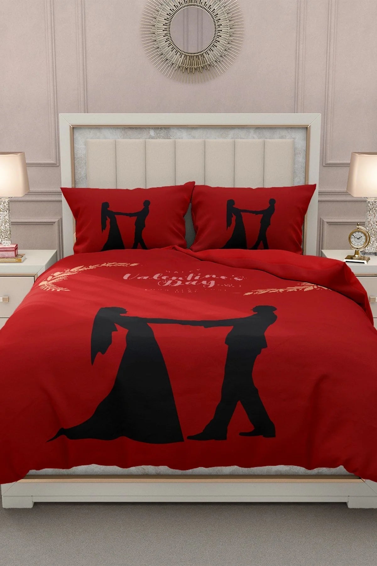 Sevgililer Günü Çift Kişilik Nevresim Takımı%100 Pamuk Saten Kırmızı Aşk