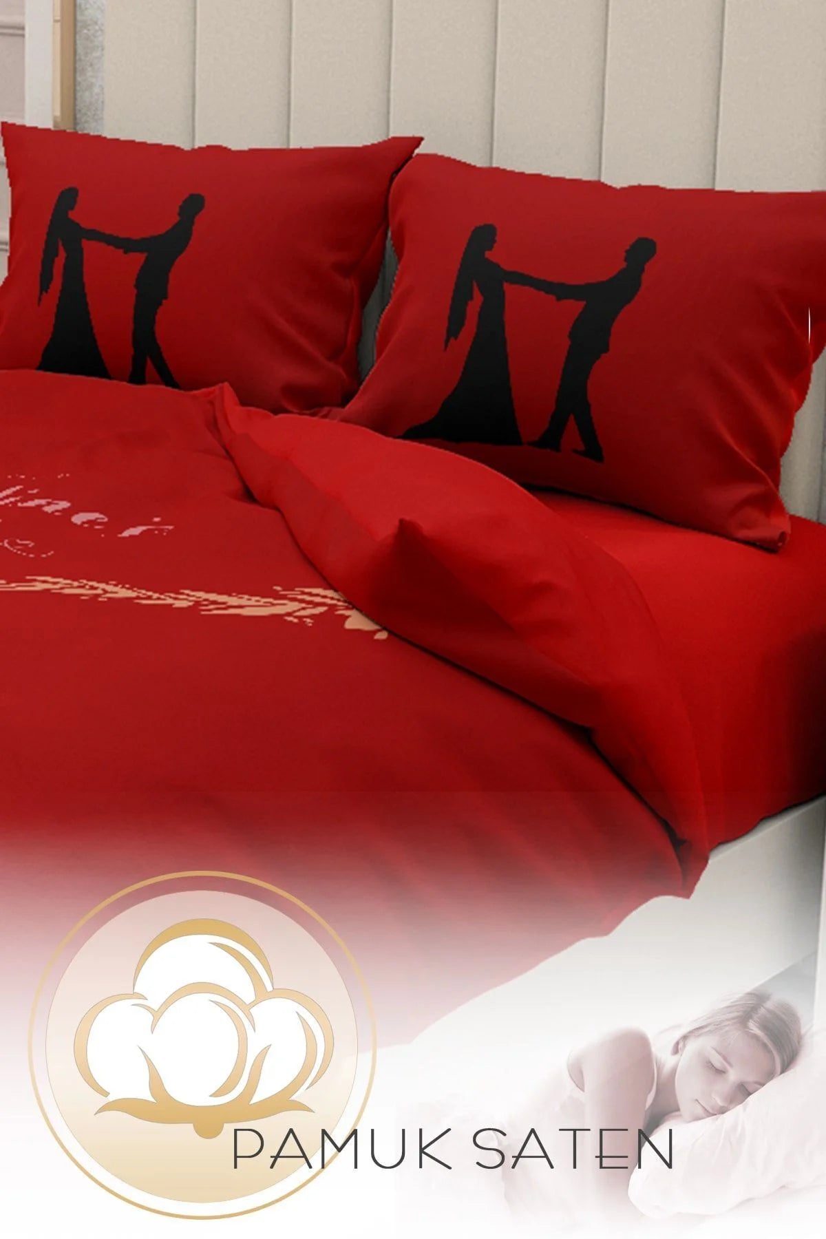 Sevgililer Günü Çift Kişilik Nevresim Takımı%100 Pamuk Saten Kırmızı Aşk