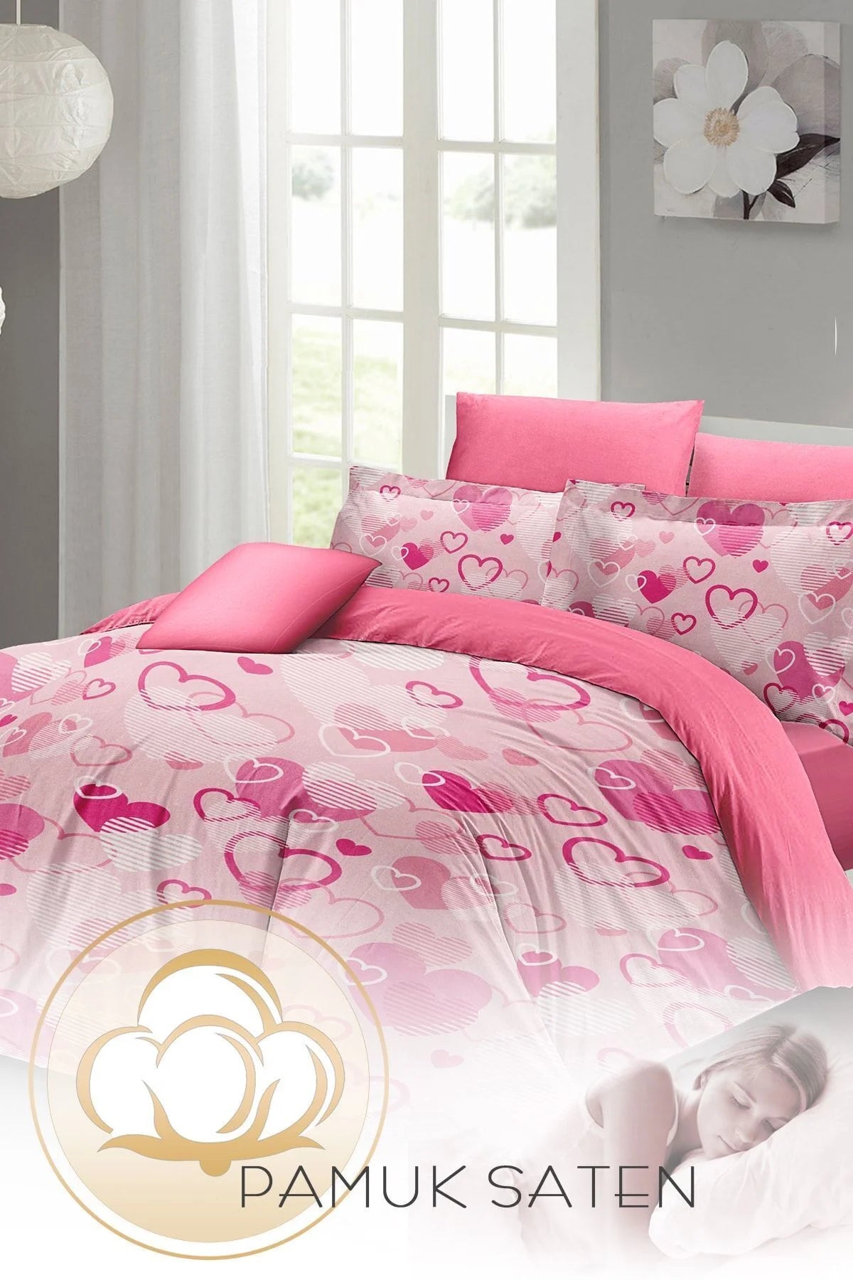 Sevgililer Günü Çift Kişilik Nevresim Takımı%100 Pamuk Saten Stay Pink