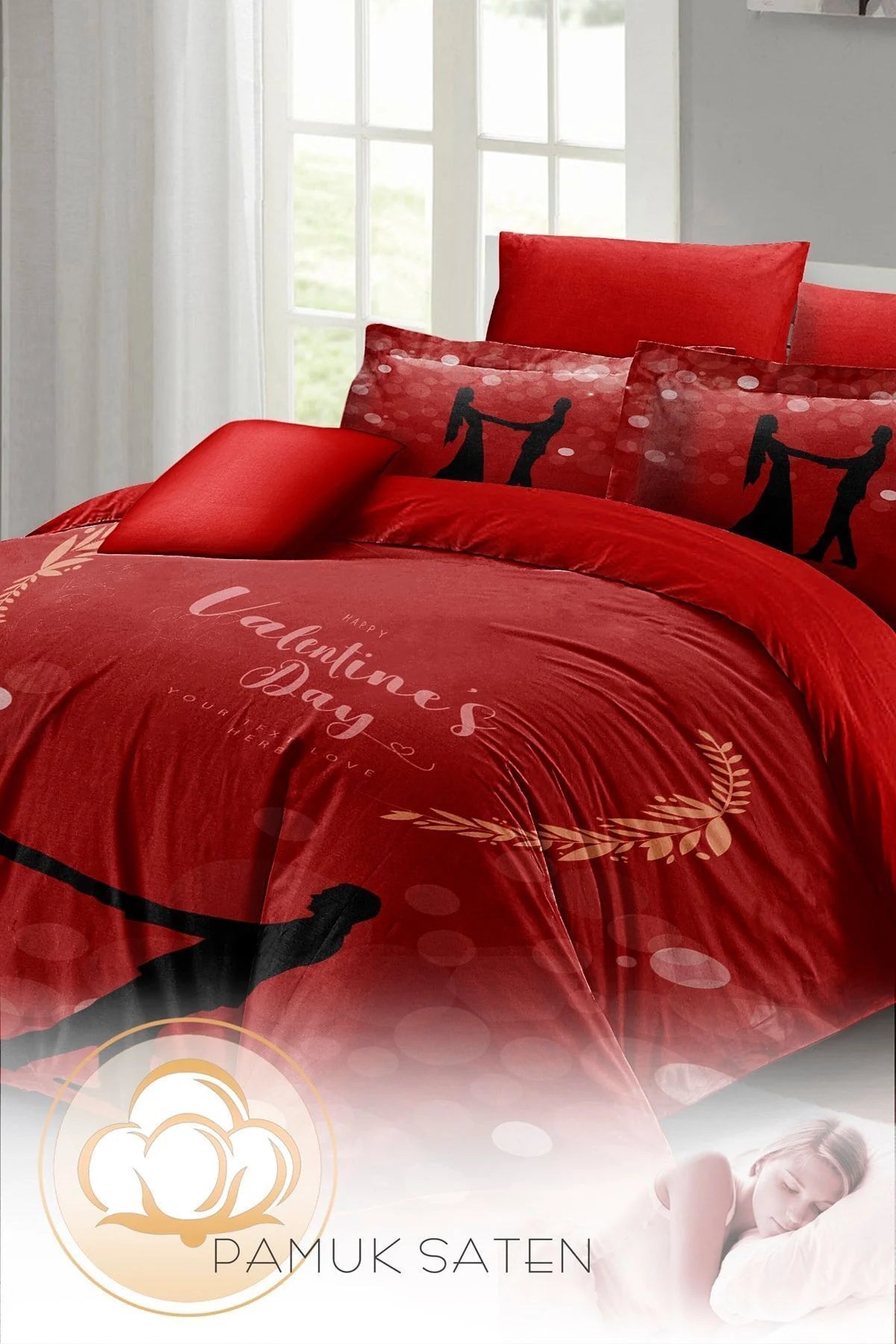 Sevgililer Günü Çift Kişilik Nevresim Takımı%100 Pamuk Saten Valentine's Day