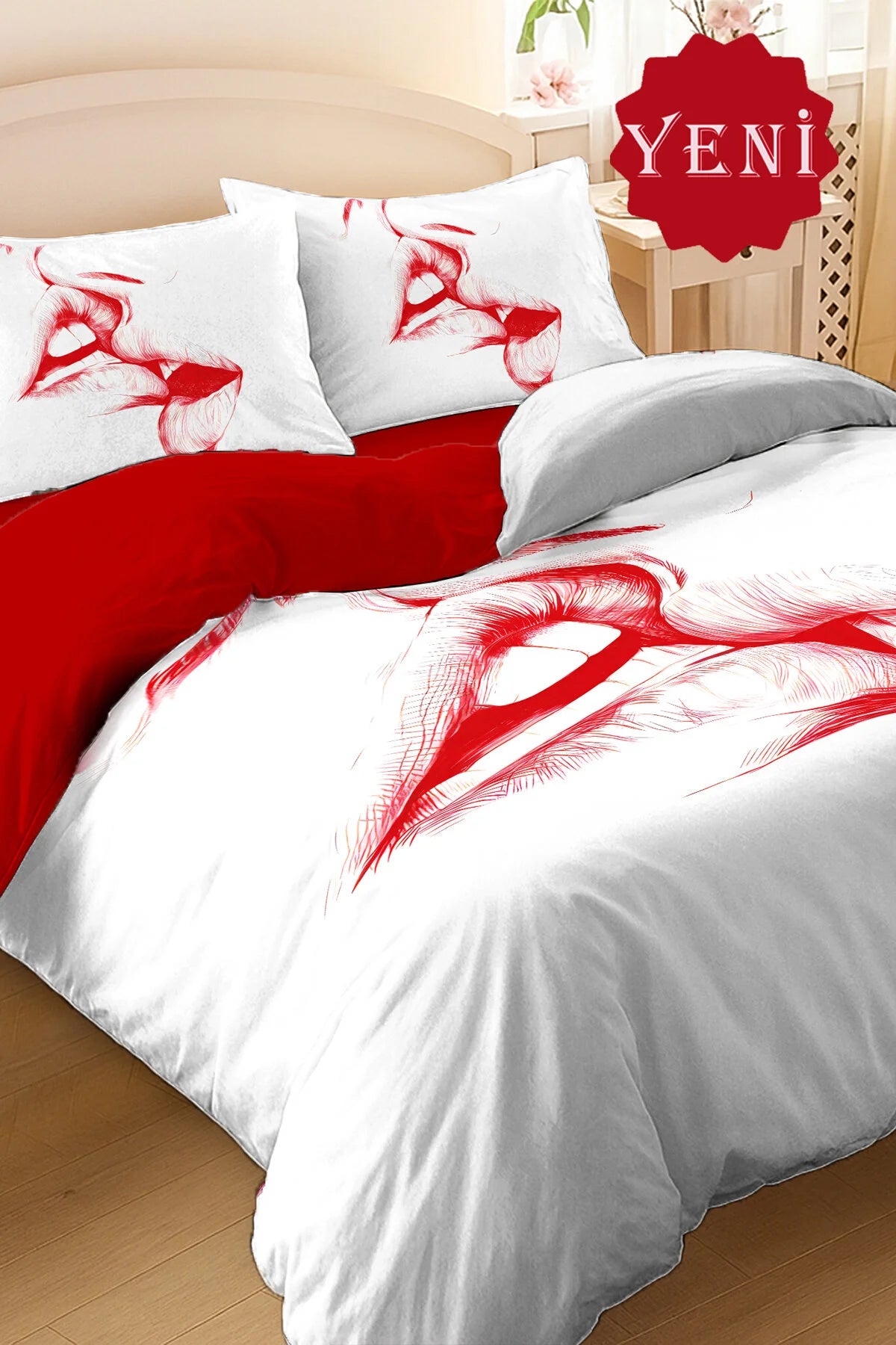 Sevgililer Günü Lastikli Çarşaflı %100 Pamuk Saten Çift Kişilik Nevresim Takımı Love Kiss