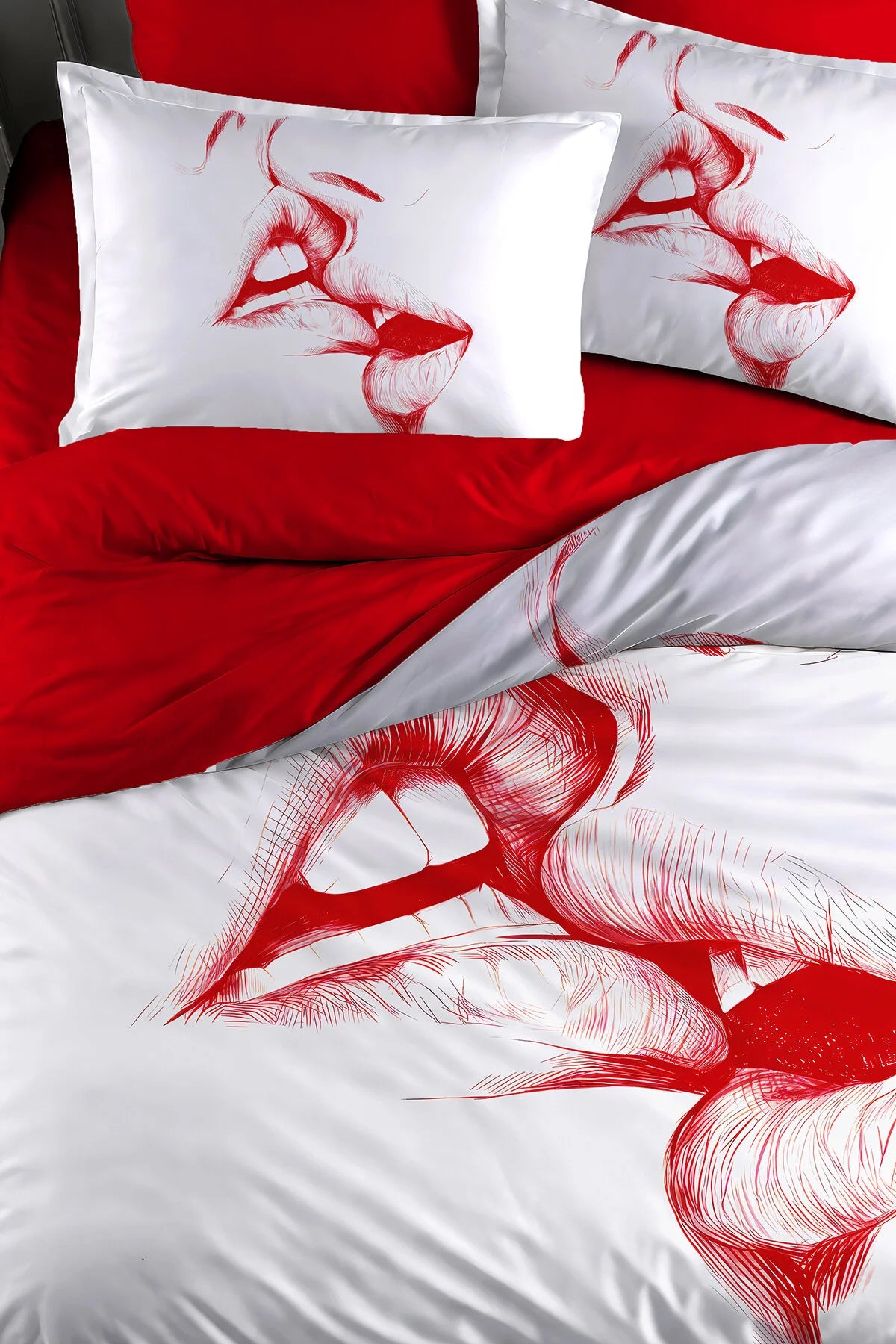 Sevgililer Günü Lastikli Çarşaflı %100 Pamuk Saten Çift Kişilik Nevresim Takımı Love Kiss