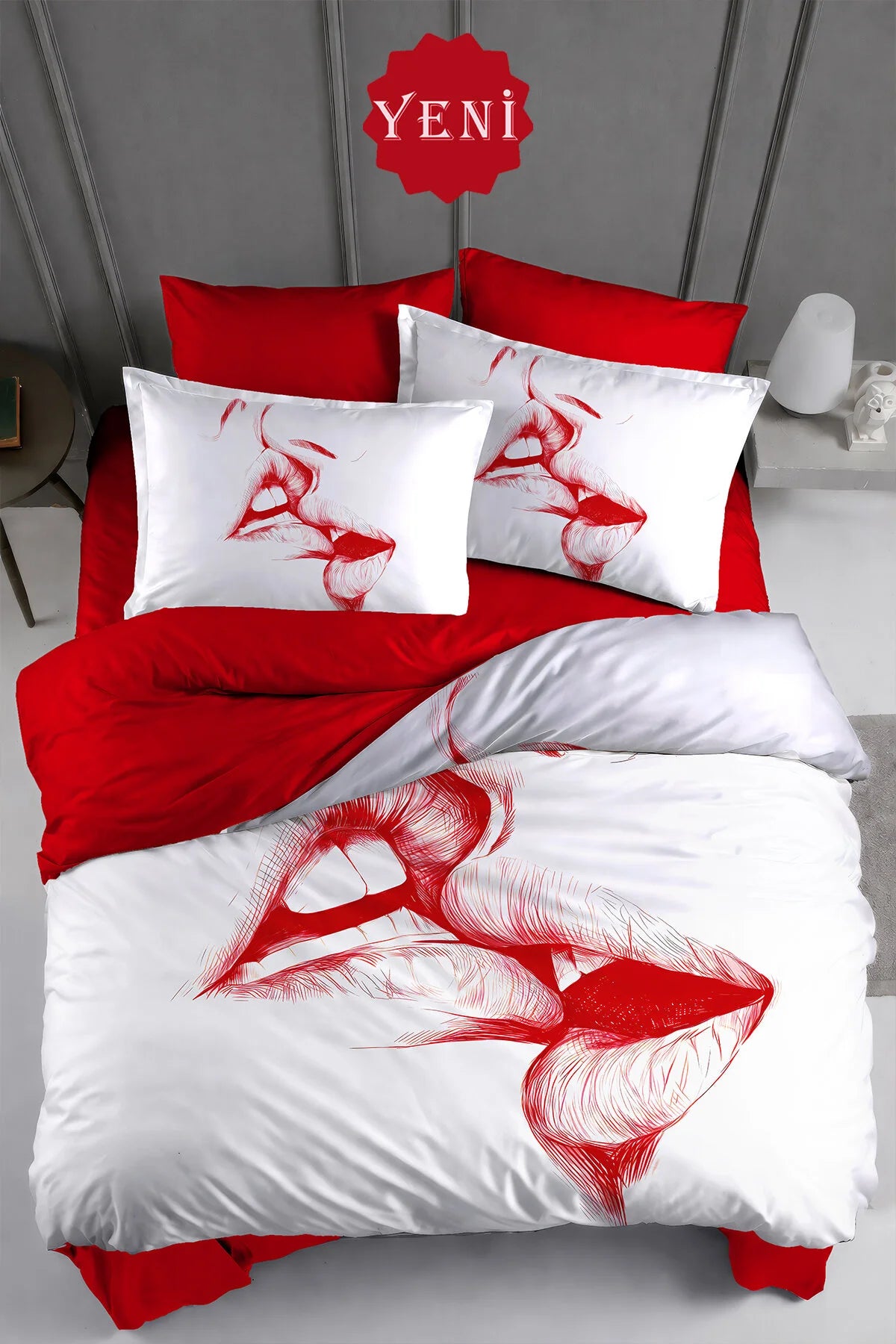 Sevgililer Günü Lastikli Çarşaflı %100 Pamuk Saten Çift Kişilik Nevresim Takımı Love Kiss