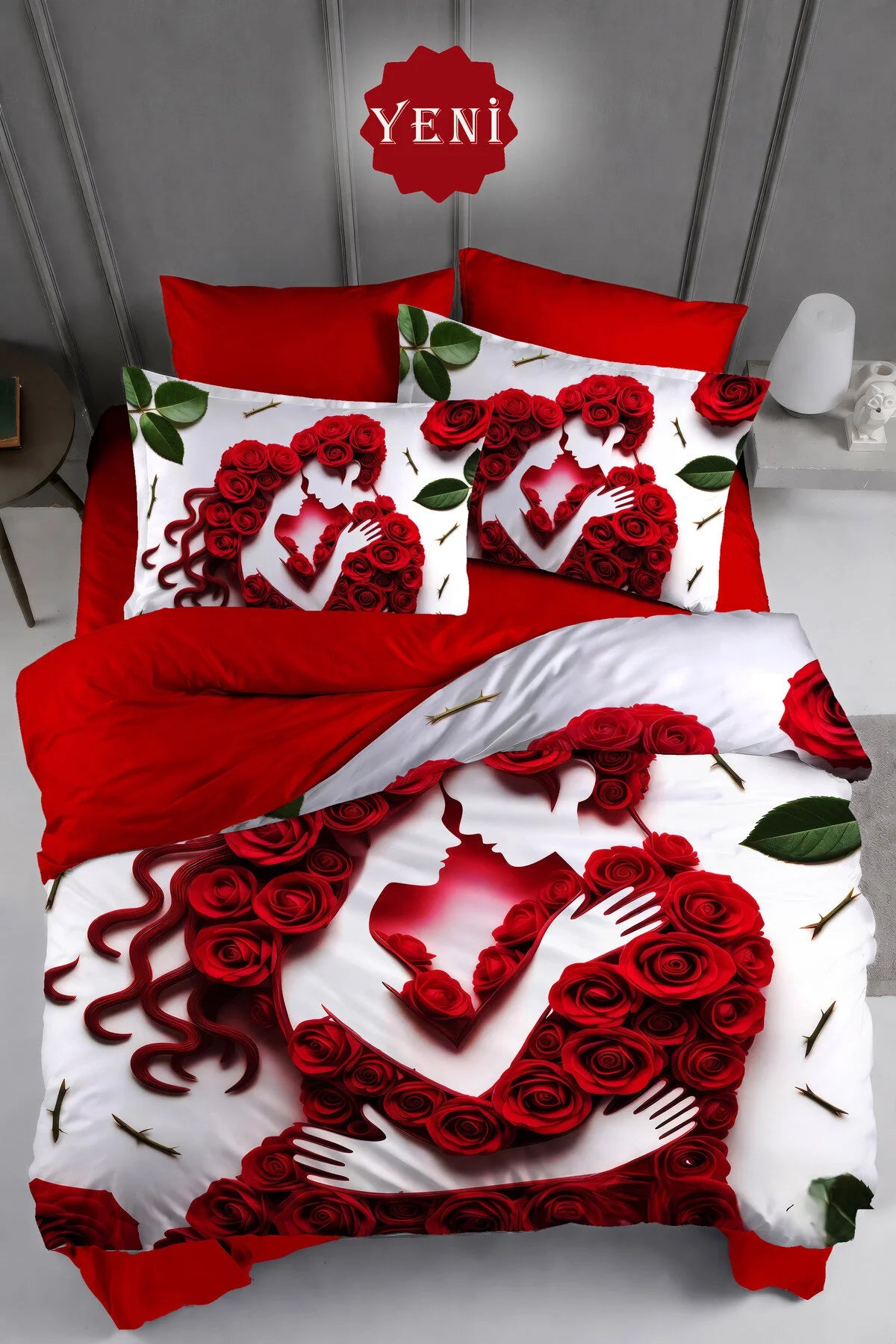 Sevgililer Günü Lastikli Çarşaflı %100 Pamuk Saten Çift Kişilik Nevresim Takımı Love Wrap