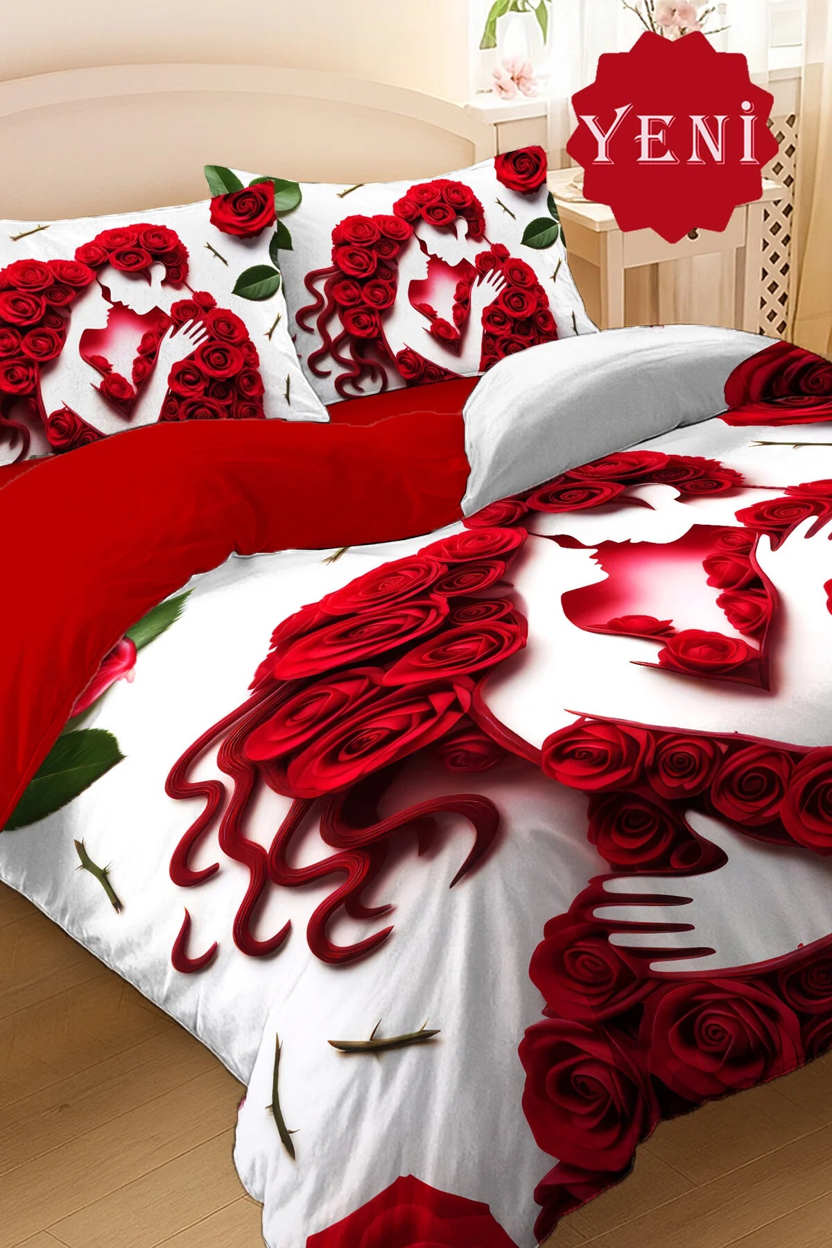 Sevgililer Günü Lastikli Çarşaflı %100 Pamuk Saten Çift Kişilik Nevresim Takımı Love Wrap