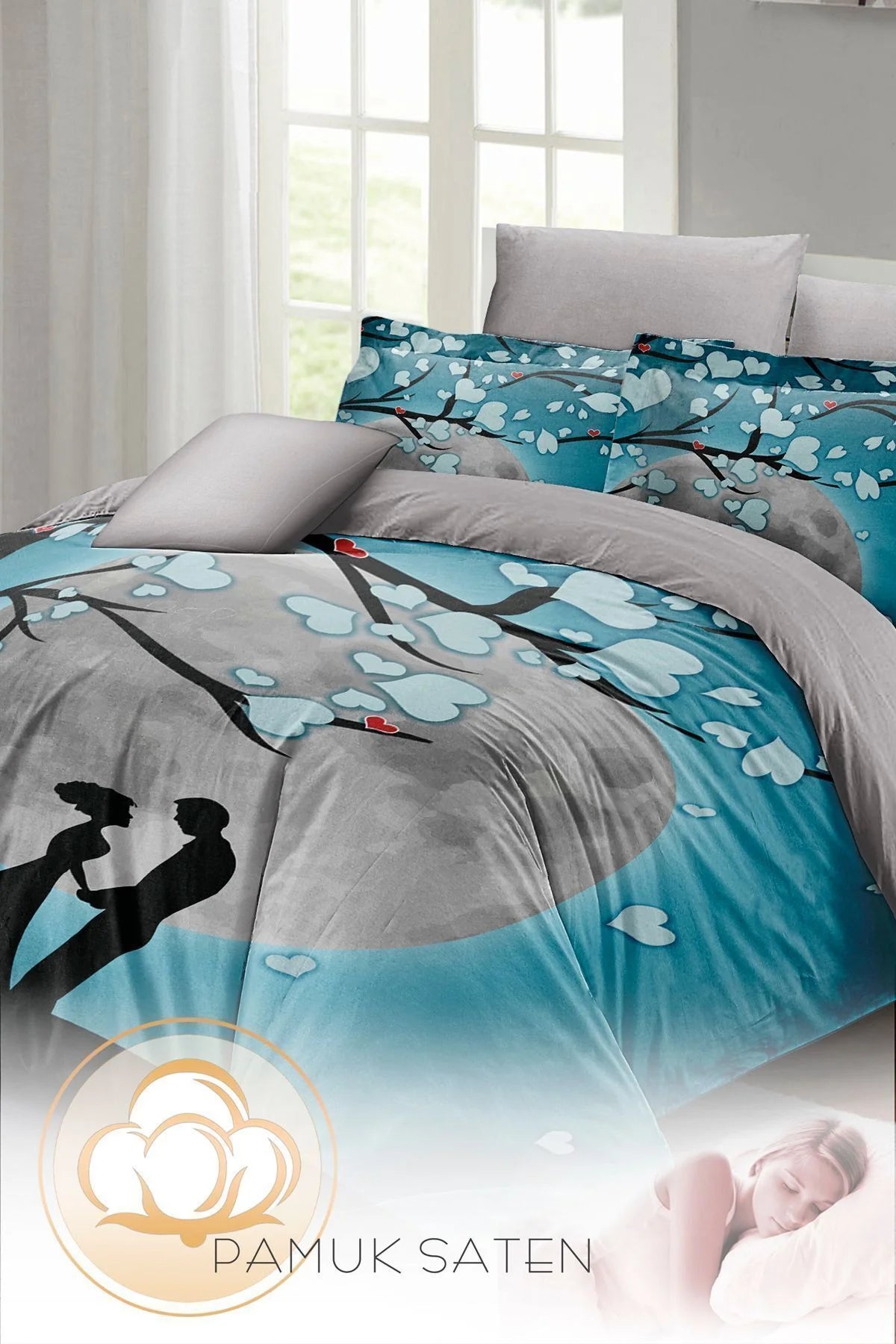 Sevgililer Günü Özel Çift Kişilik Nevresim Takımı Pamuk Saten Blue Dream