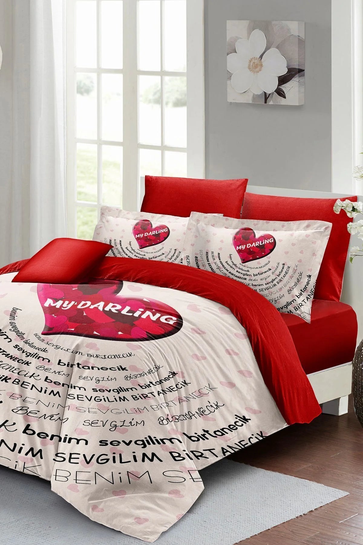 Sevgililer Günü Özel Çift Kişilik Nevresim Takımı Pamuk Saten Darling Red