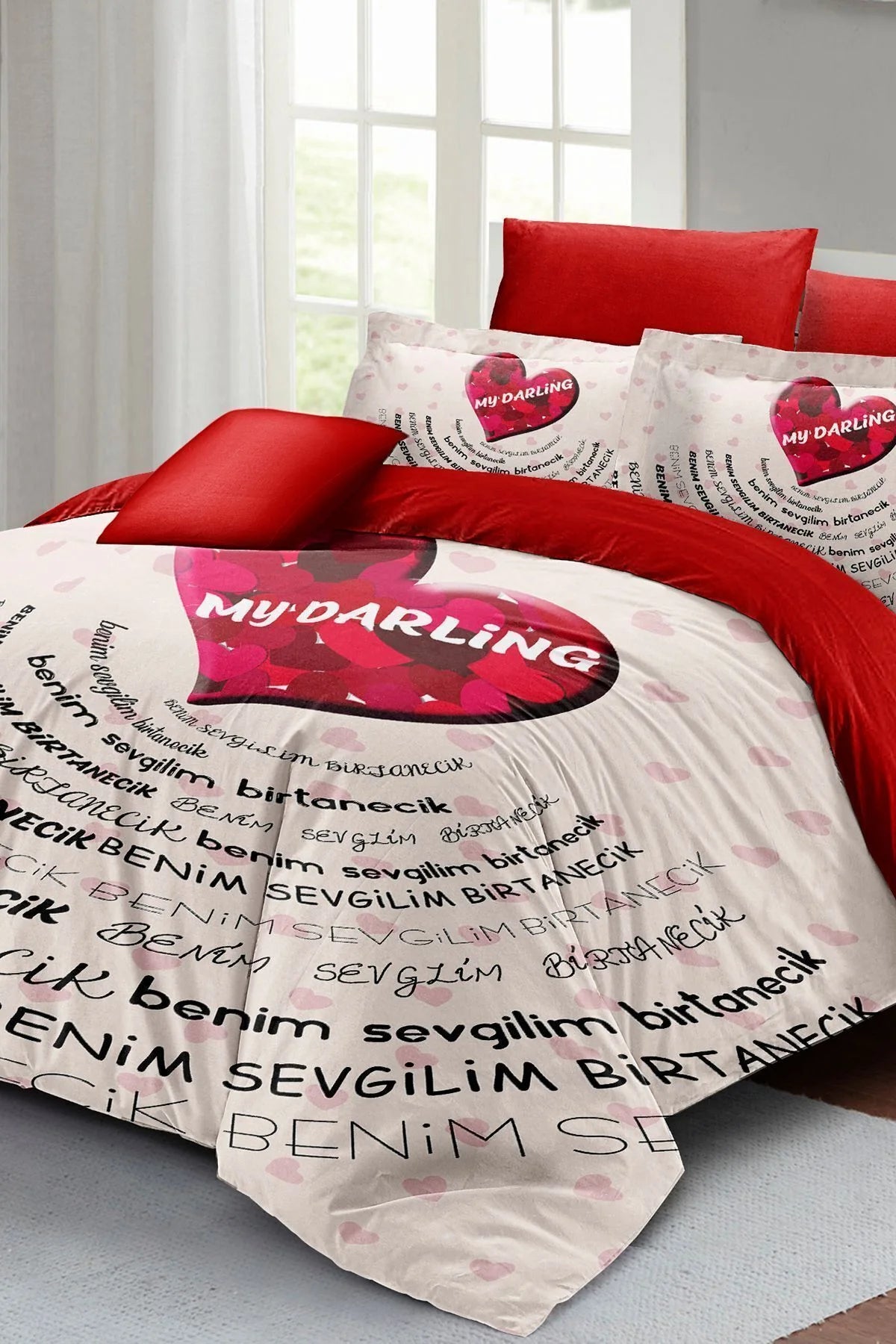 Sevgililer Günü Özel Çift Kişilik Nevresim Takımı Pamuk Saten Darling Red
