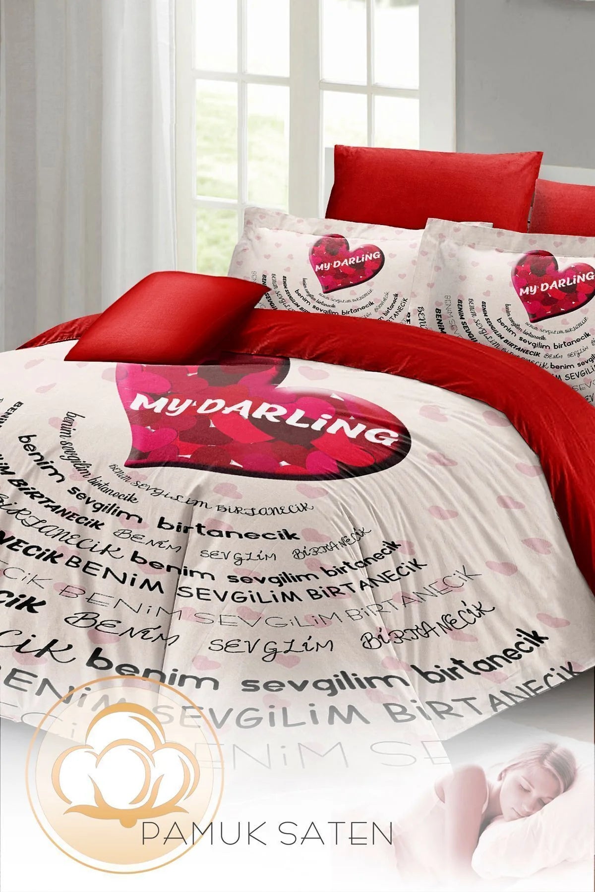 Sevgililer Günü Özel Çift Kişilik Nevresim Takımı Pamuk Saten Darling Red