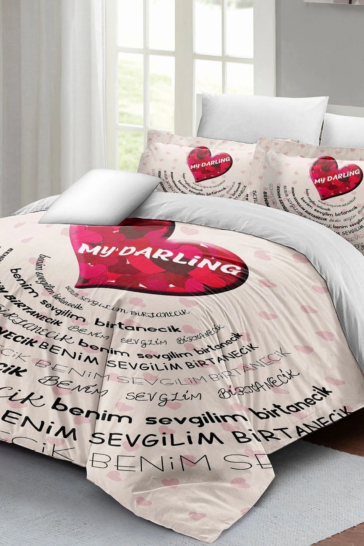 Sevgililer Günü Özel Çift Kişilik Nevresim Takımı Pamuk Saten Darling White