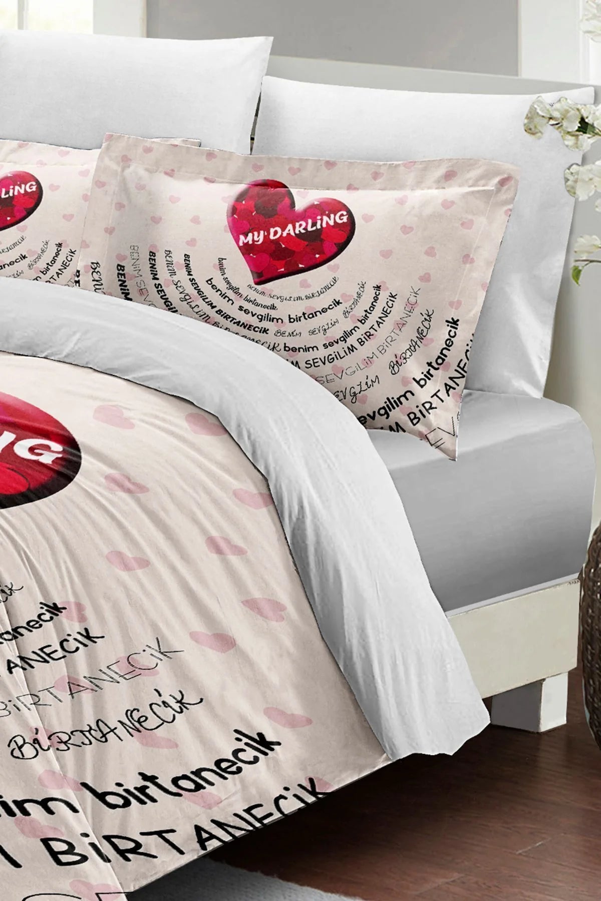 Sevgililer Günü Özel Çift Kişilik Nevresim Takımı Pamuk Saten Darling White