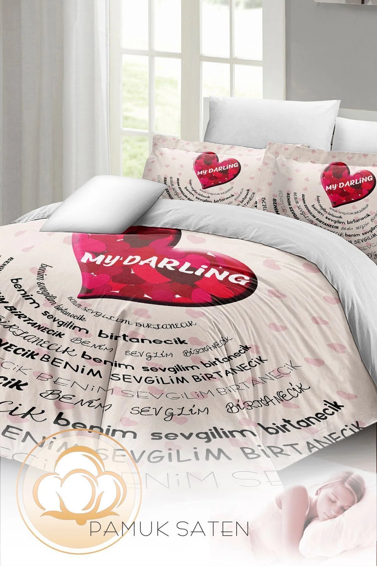 Sevgililer Günü Özel Çift Kişilik Nevresim Takımı Pamuk Saten Darling White