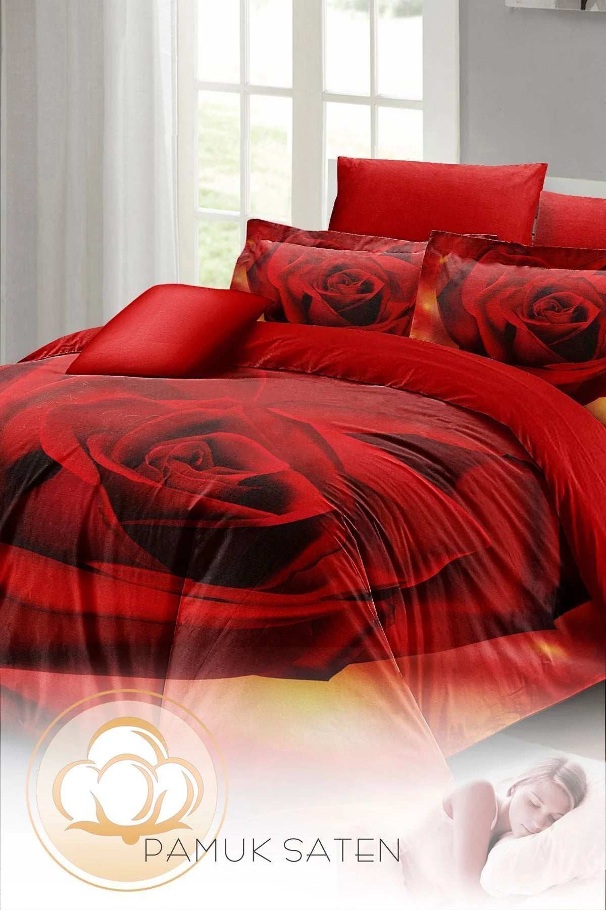 Sevgililer Günü Özel Çift Kişilik Nevresim Takımı Pamuk Saten Gül Aşkına