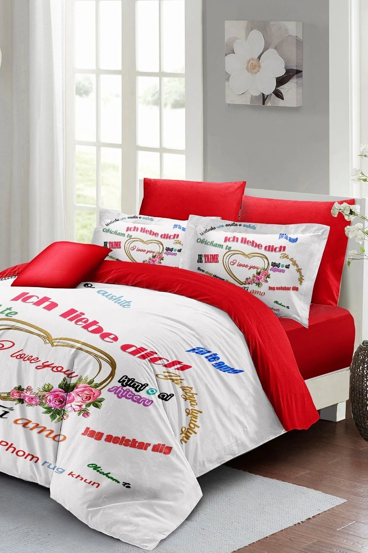 Sevgililer Günü Özel Çift Kişilik Nevresim Takımı Pamuk Saten Her Dilde Kırmızı Aşk