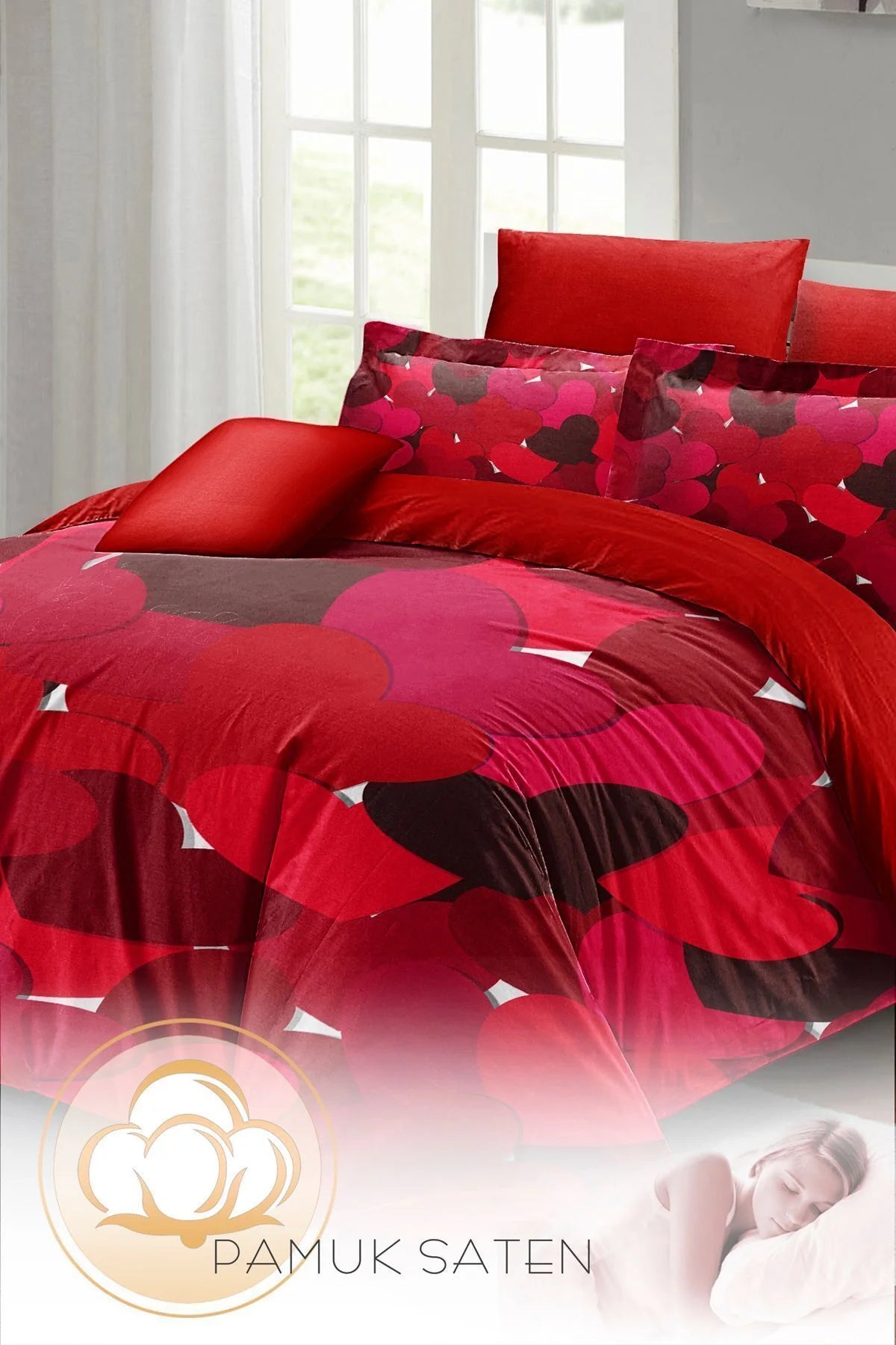 Sevgililer Günü Özel Çift Kişilik Nevresim Takımı Pamuk Saten Kırmızı Aşkına