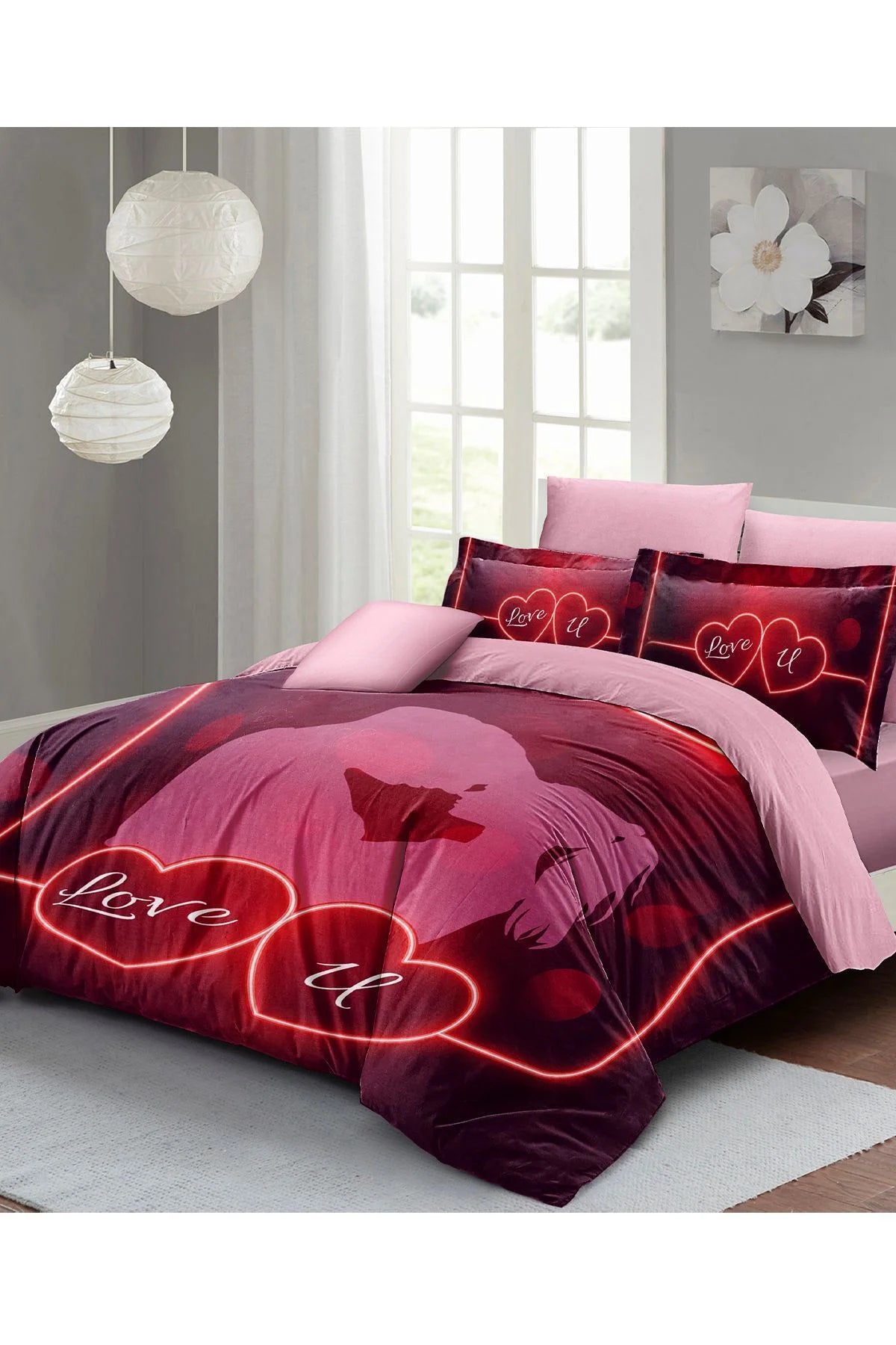 Sevgililer Günü Özel Çift Kişilik Nevresim Takımı Pamuk Saten Love U