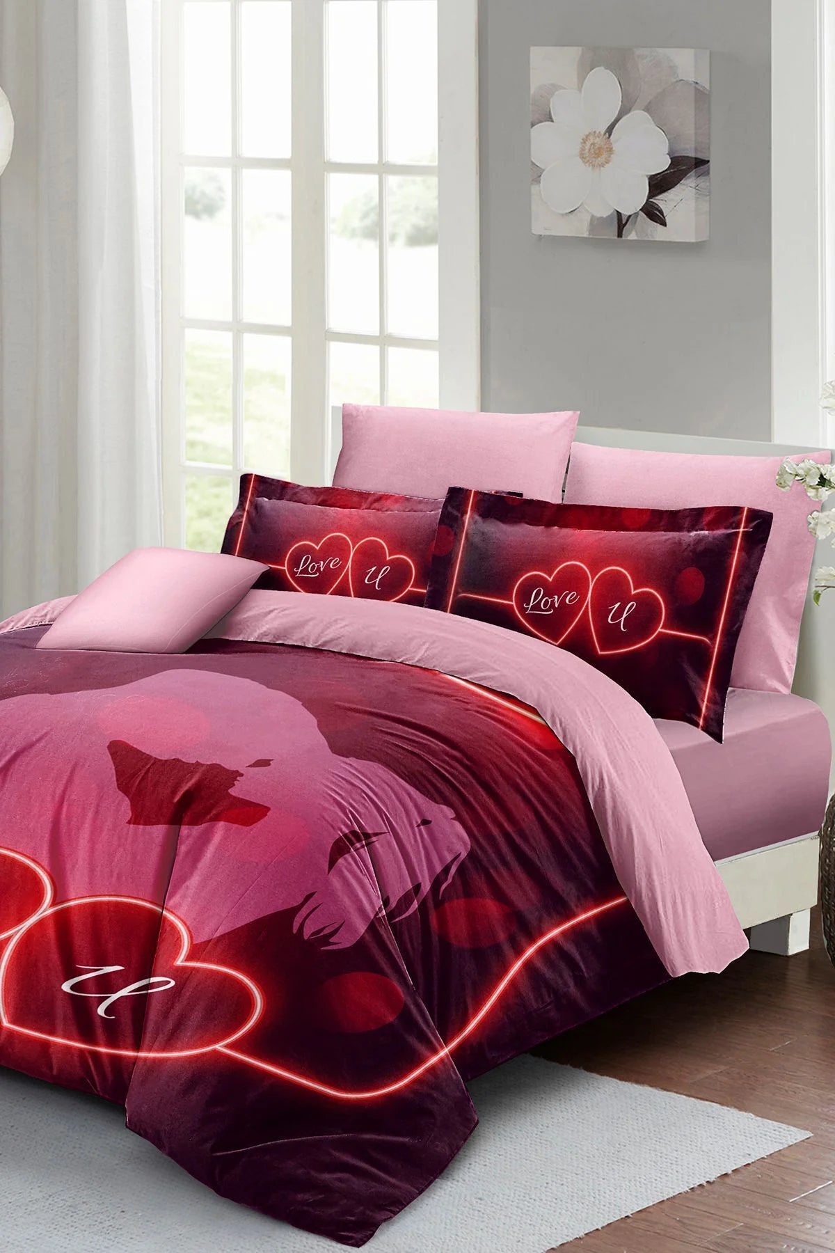 Sevgililer Günü Özel Çift Kişilik Nevresim Takımı Pamuk Saten Love U
