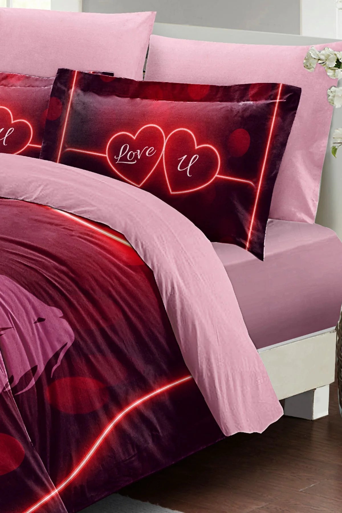 Sevgililer Günü Özel Çift Kişilik Nevresim Takımı Pamuk Saten Love U